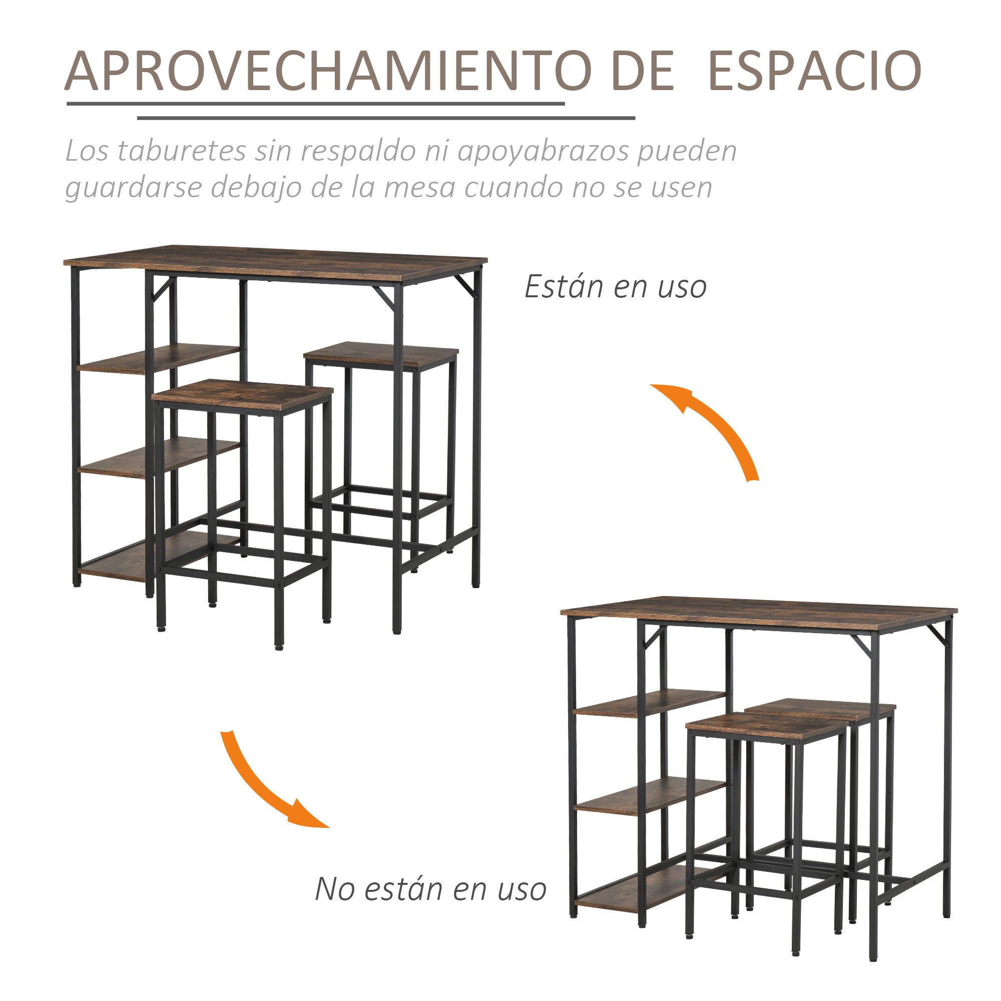 Bar Table and 2 Stools Set with Footrest and 3-Level Shelves Adjustable Pads for Kitchen Dining Room 109x60x100 cm Rustic Brown