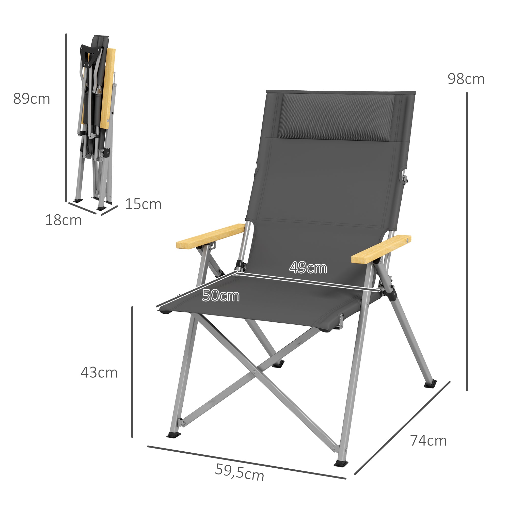 Folding Camping Chair Garden Chair with 4-Position Adjustable Backrest, Headrest, Folding Chair with Carrying Bag for Pool, Beach, Oxford, Dark Grey