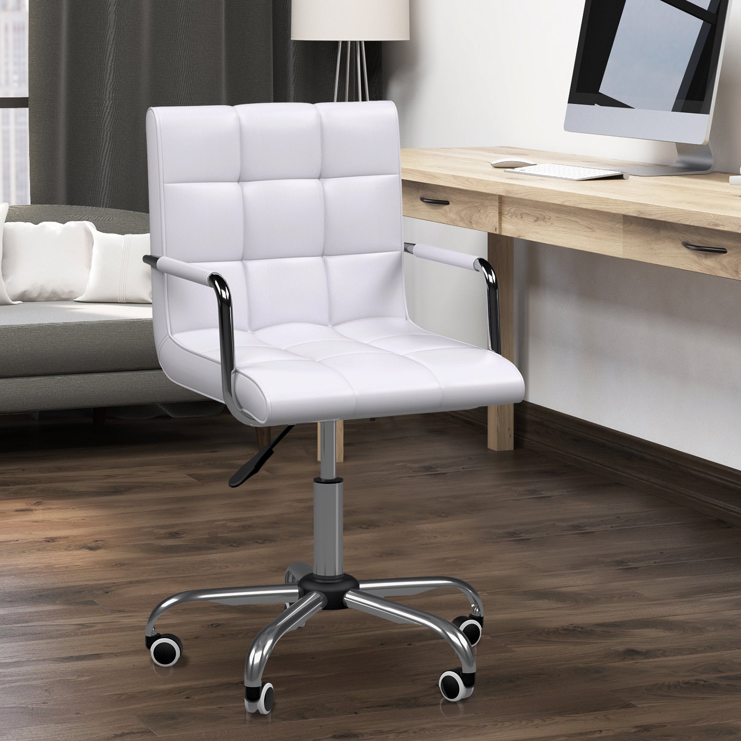 Office Chair Swivel Chair Cosmetics Stool Rolling Stool Work Stool Executive Chair Desk Chair Metal PU White 52.5 x 54 x 84-99 cm