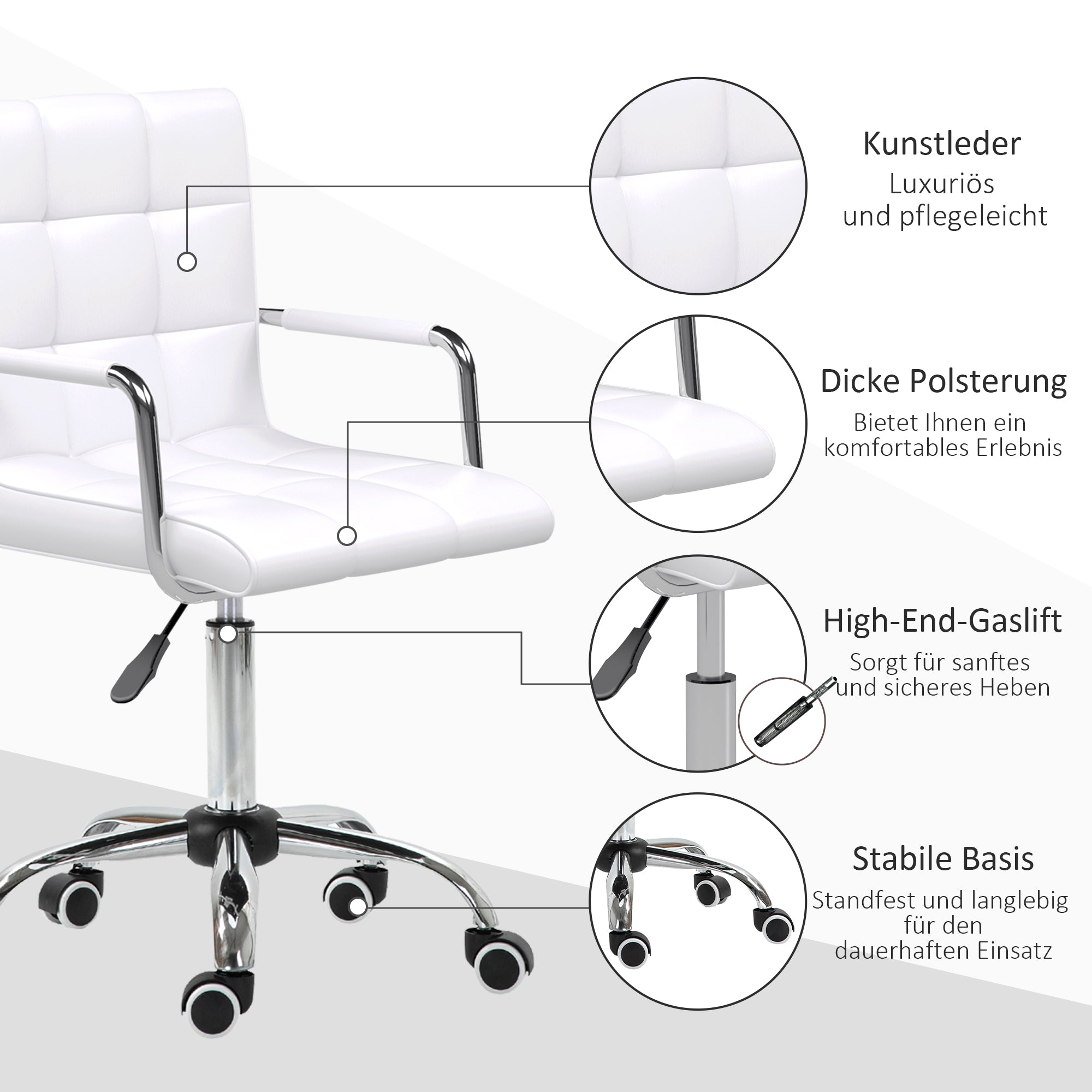 Office Chair Swivel Chair Cosmetics Stool Rolling Stool Work Stool Executive Chair Desk Chair Metal PU White 52.5 x 54 x 84-99 cm