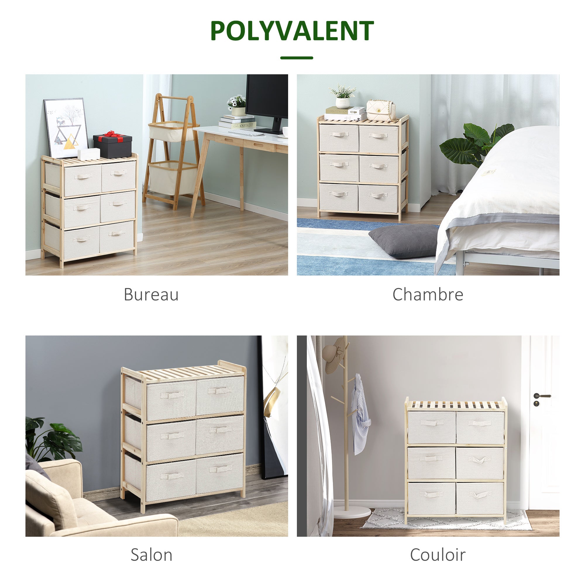 Fabric Storage Chest with 4 Foldable Linen Drawers Elegant Style for Bedroom Office Living Room 59 x 28 x 50 cm Natural Wood Beige
