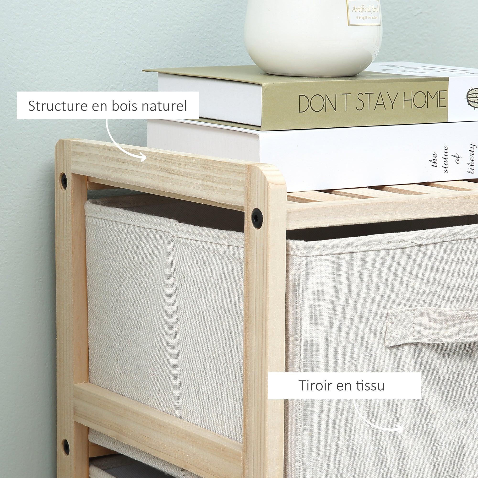 Fabric Storage Chest with 4 Foldable Linen Drawers Elegant Style for Bedroom Office Living Room 59 x 28 x 50 cm Natural Wood Beige