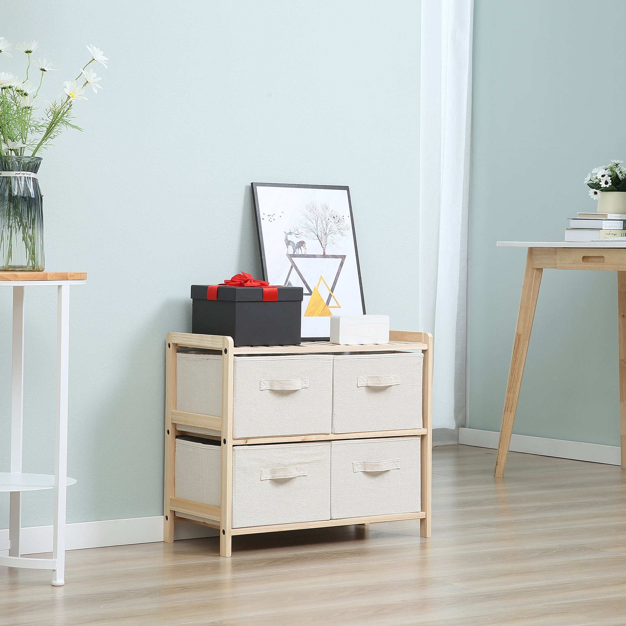 Fabric Storage Chest with 4 Foldable Linen Drawers Elegant Style for Bedroom Office Living Room 59 x 28 x 50 cm Natural Wood Beige