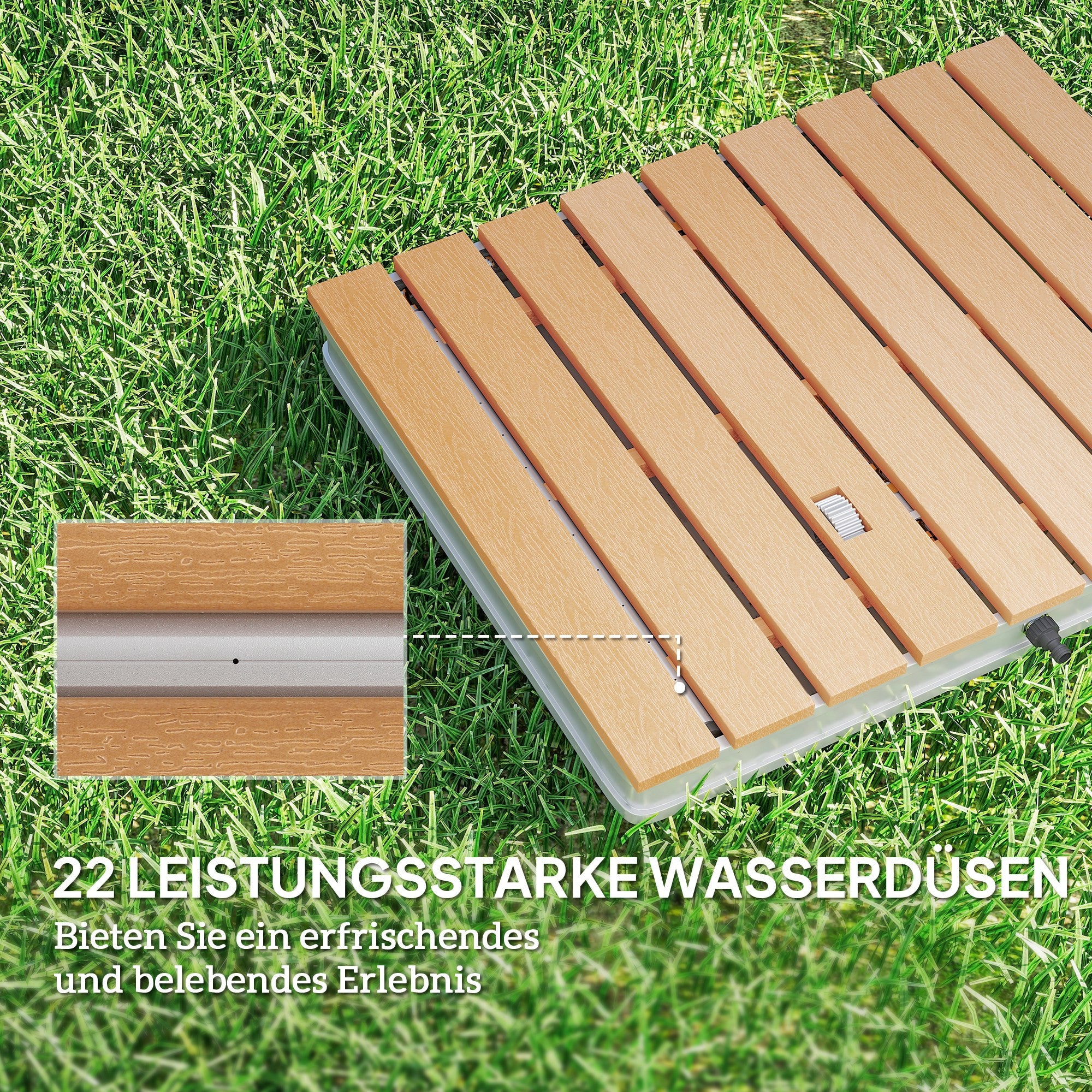 Ground Shower Garden Shower with Adjustable Foot Wheel Aluminum Outdoor Shower up to 4m Fountain Height 70 x 55 cm Sauna Shower Wood Look Non-slip Weatherproof Outdoor Camping Shower for Pool Sauna