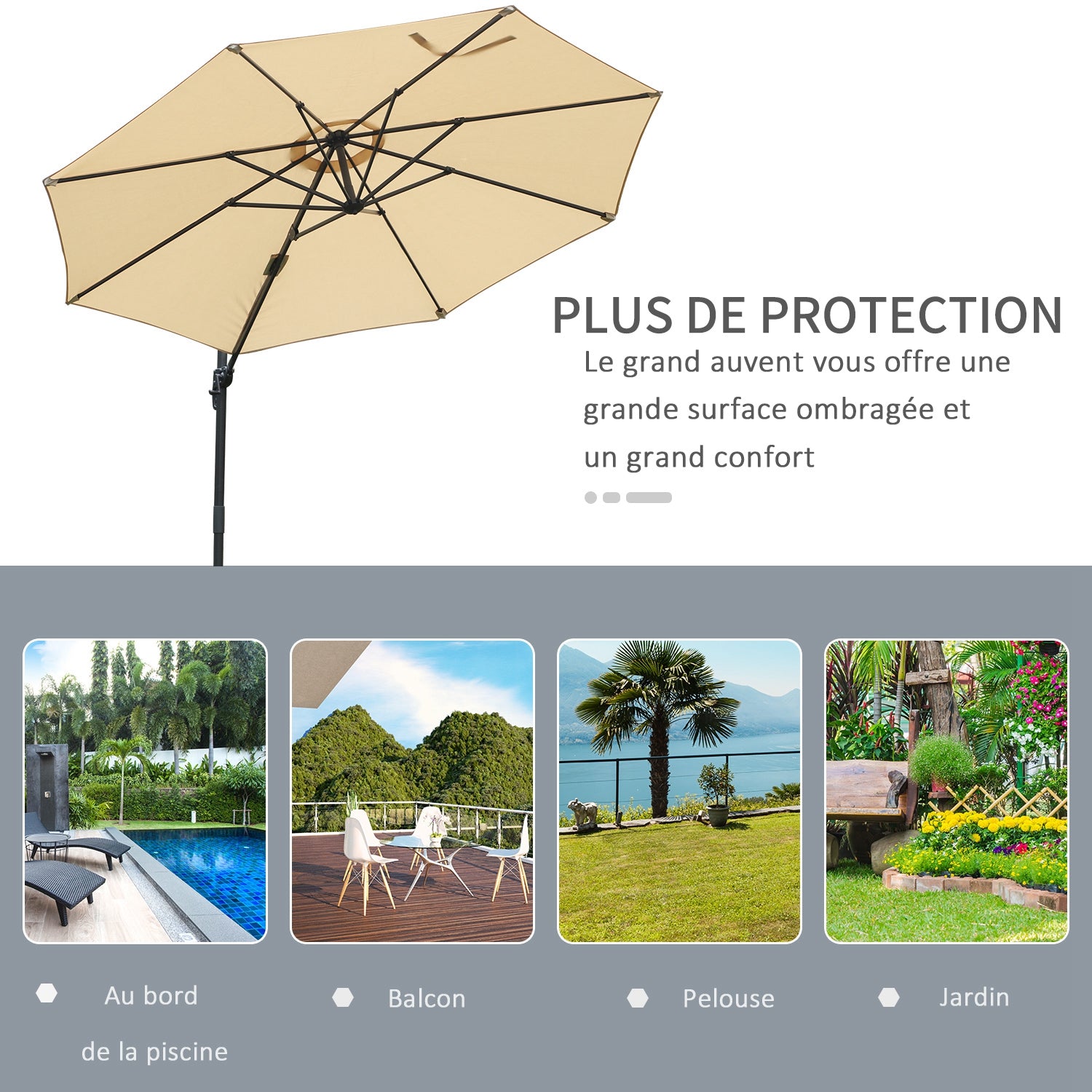 Octagonal Offset Tilted Umbrella 360° Rotatable with Cross Base 8 Ribs Crank Included Aluminum Steel Frame Ø 3 x 2.5H m Beige