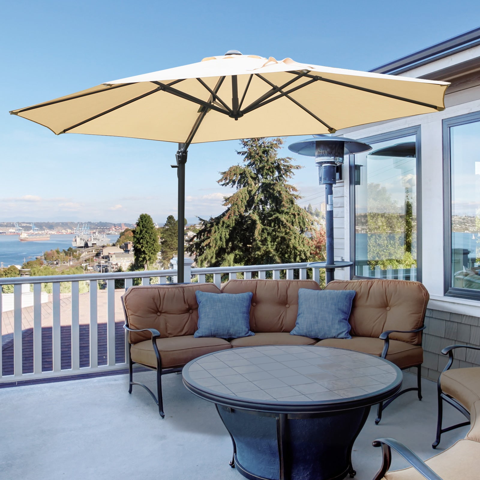 Octagonal Offset Tilted Umbrella 360° Rotatable with Cross Base 8 Ribs Crank Included Aluminum Steel Frame Ø 3 x 2.5H m Beige