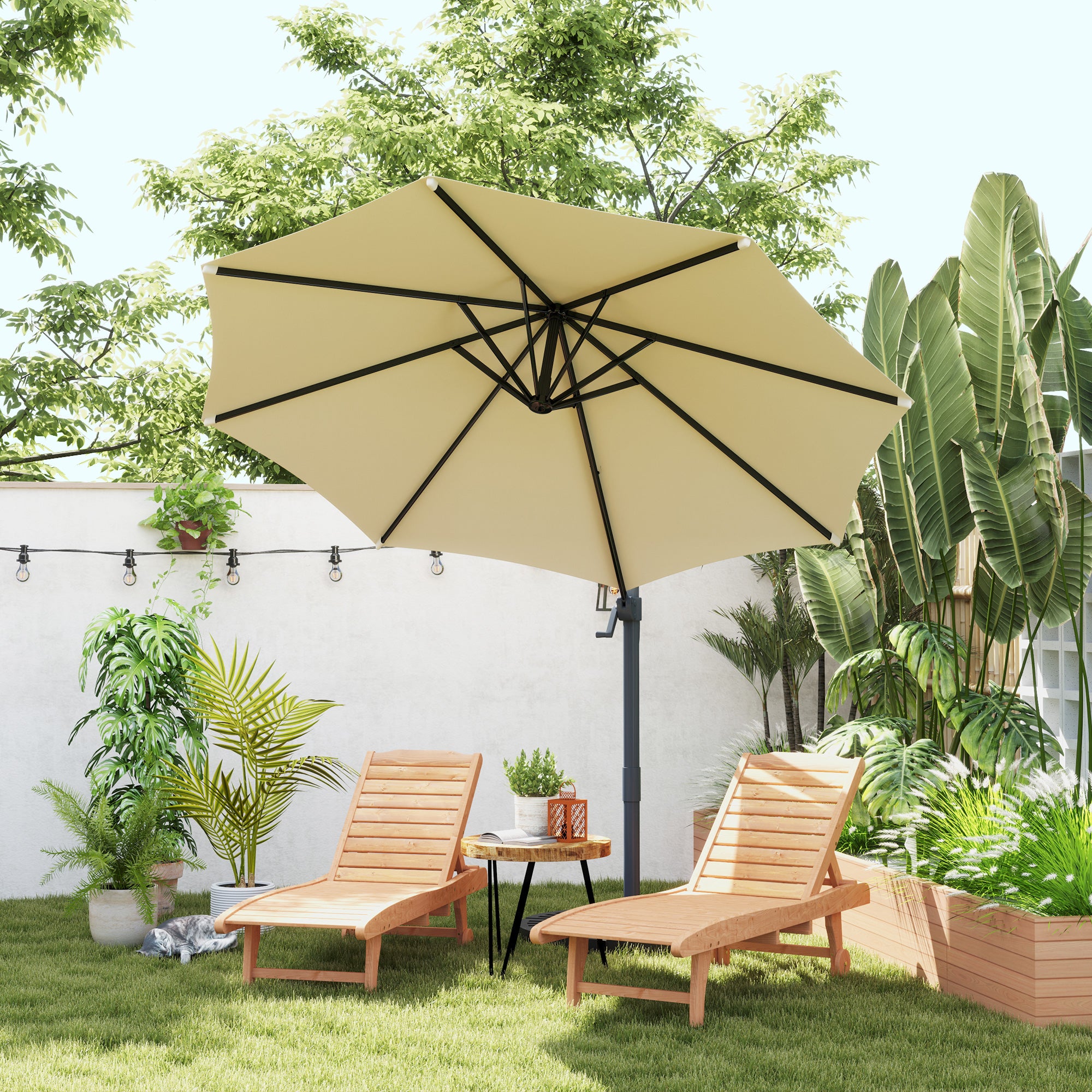 Octagonal Offset Tilted Umbrella 360° Rotatable with Cross Base 8 Ribs Crank Included Aluminum Steel Frame Ø 3 x 2.5H m Beige