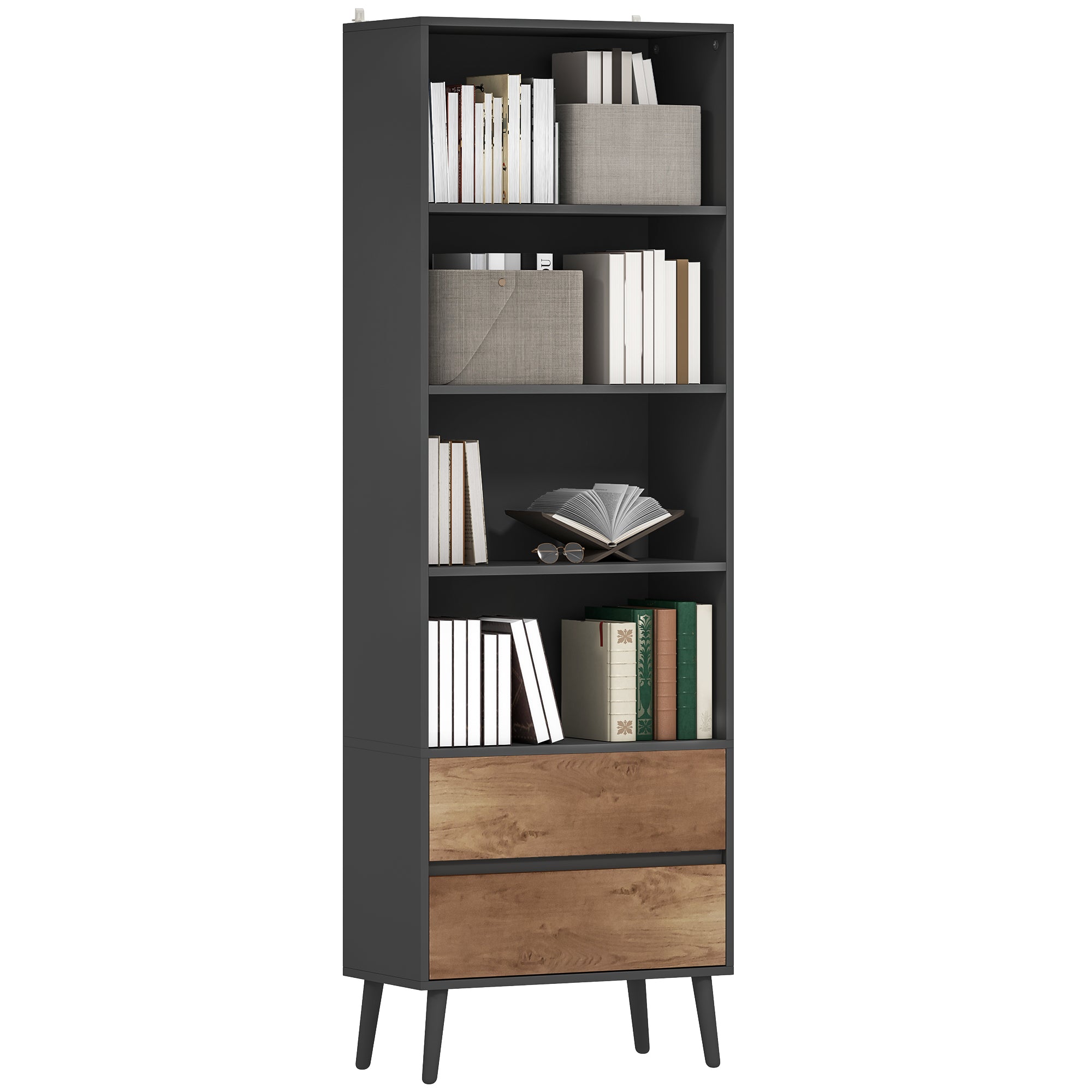 Bookcase Storage Shelf with 4 Open Compartments and 2 Drawers, Storage Shelf for Living Room, Bedroom, Office, 60 x 30 x 179 cm, Gray
