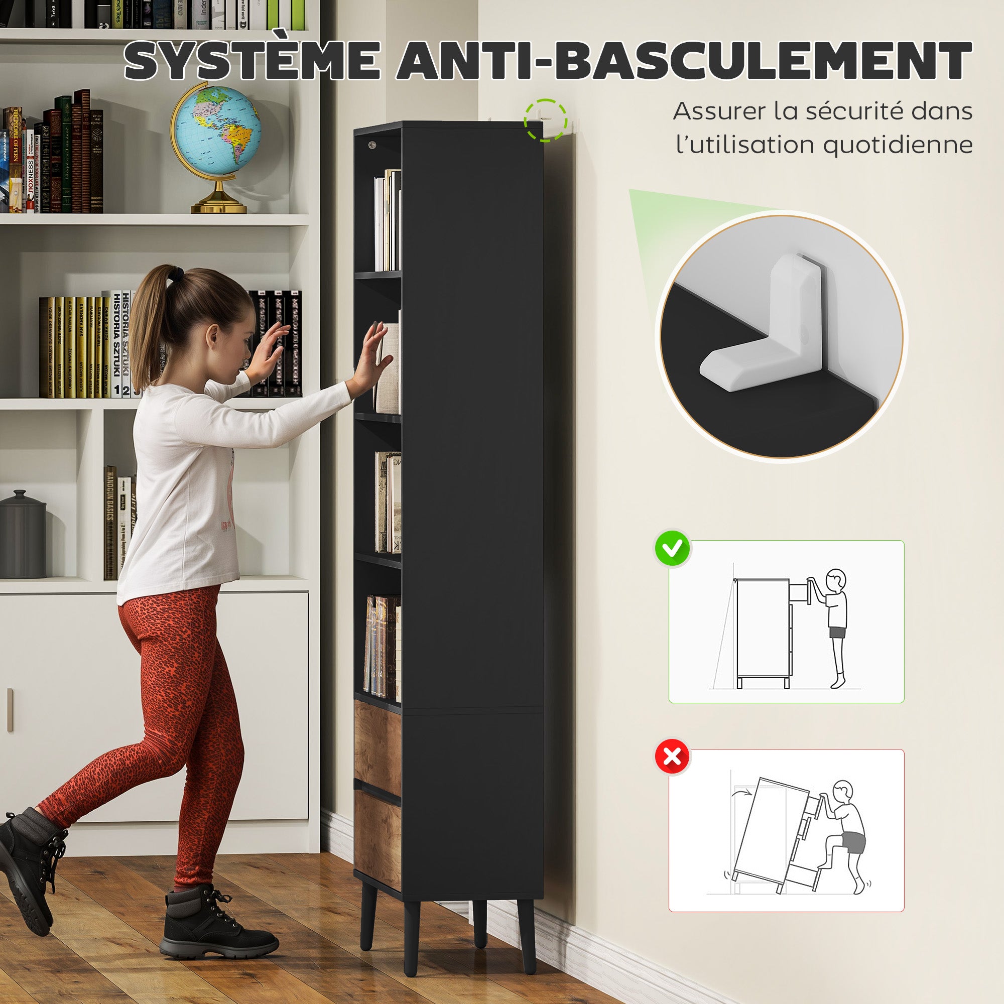 Bookcase Storage Shelf with 4 Open Compartments and 2 Drawers, Storage Shelf for Living Room, Bedroom, Office, 60 x 30 x 179 cm, Gray