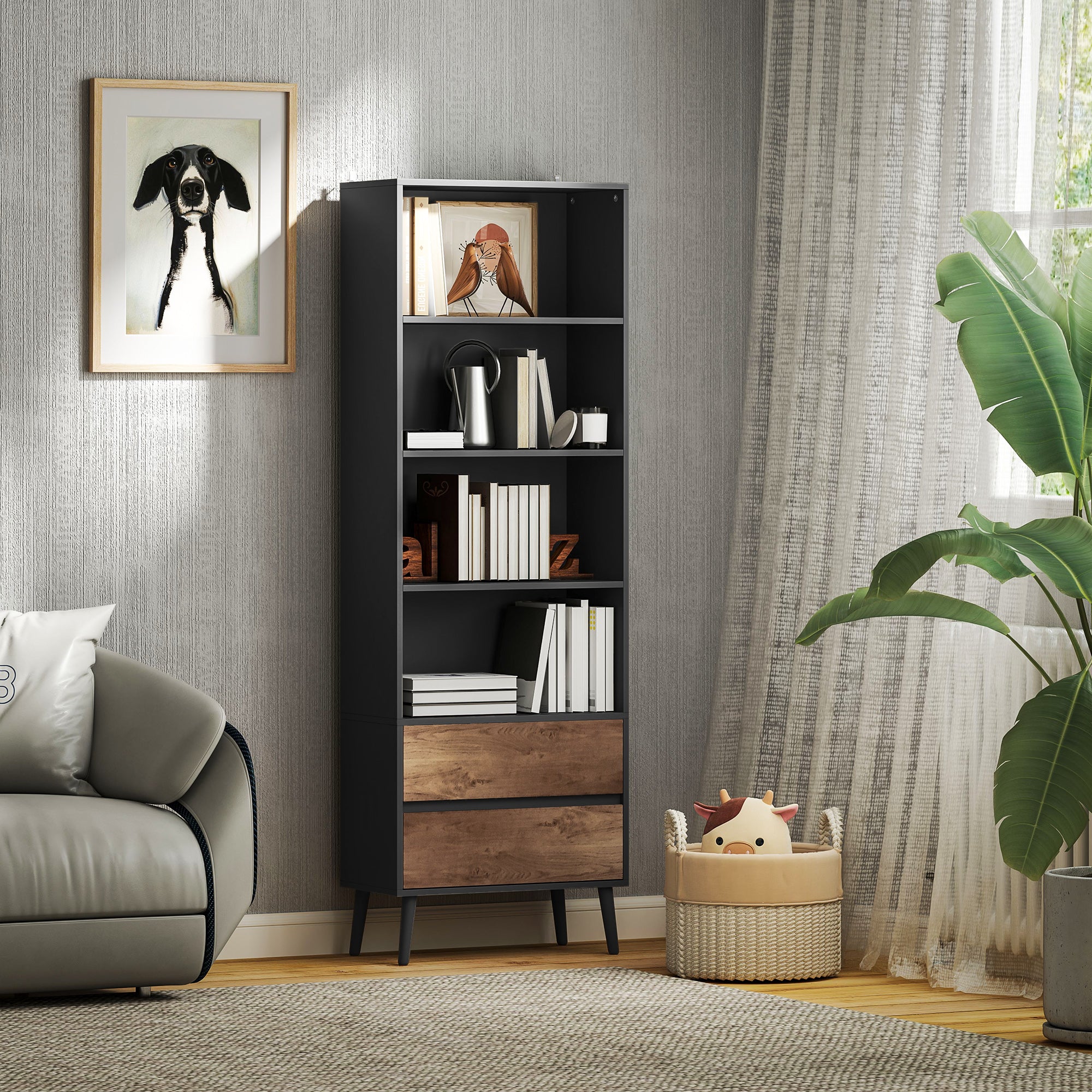 Bookcase Storage Shelf with 4 Open Compartments and 2 Drawers, Storage Shelf for Living Room, Bedroom, Office, 60 x 30 x 179 cm, Gray