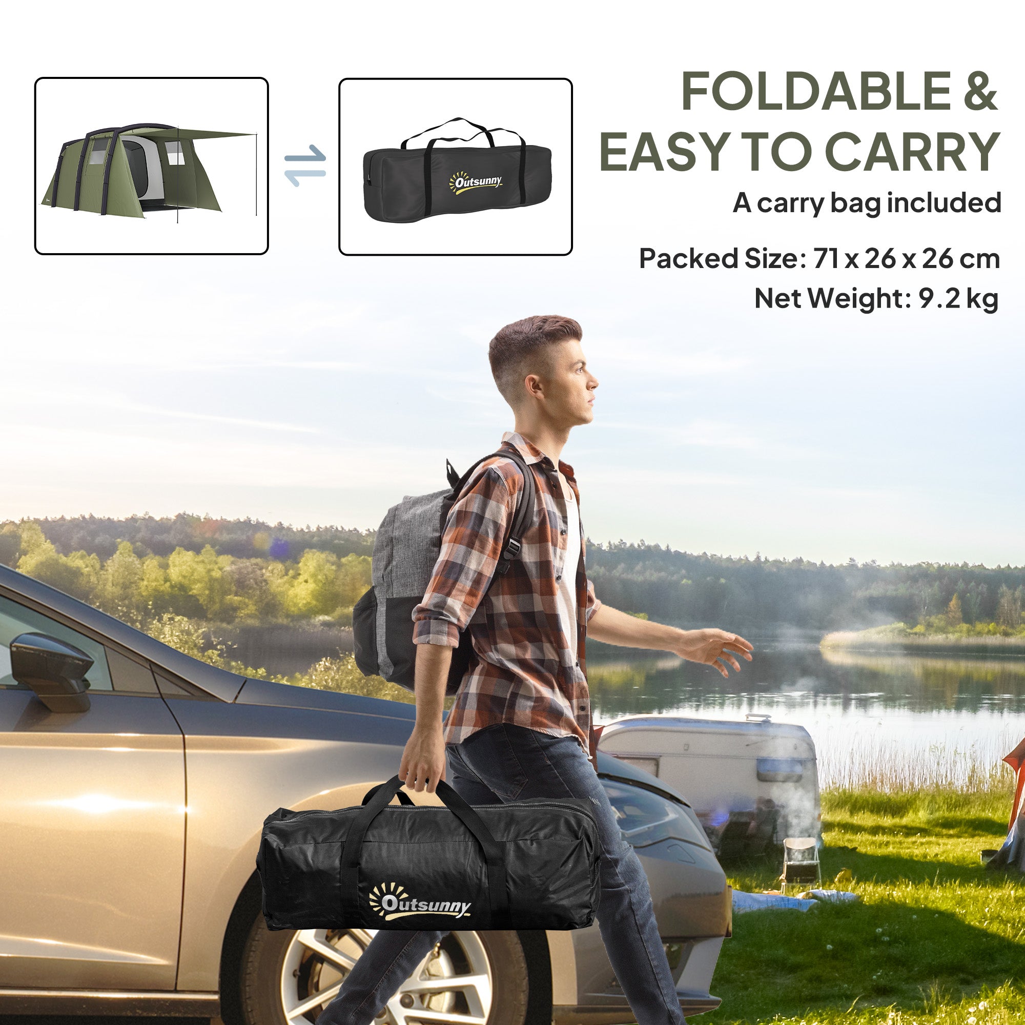 Inflatable Family Tunnel Tent for 3–6 People — Glamping Tent with Vestibule, Mesh Windows, Carry Bag, UPF50+ UV Protection, Waterproof, Olive