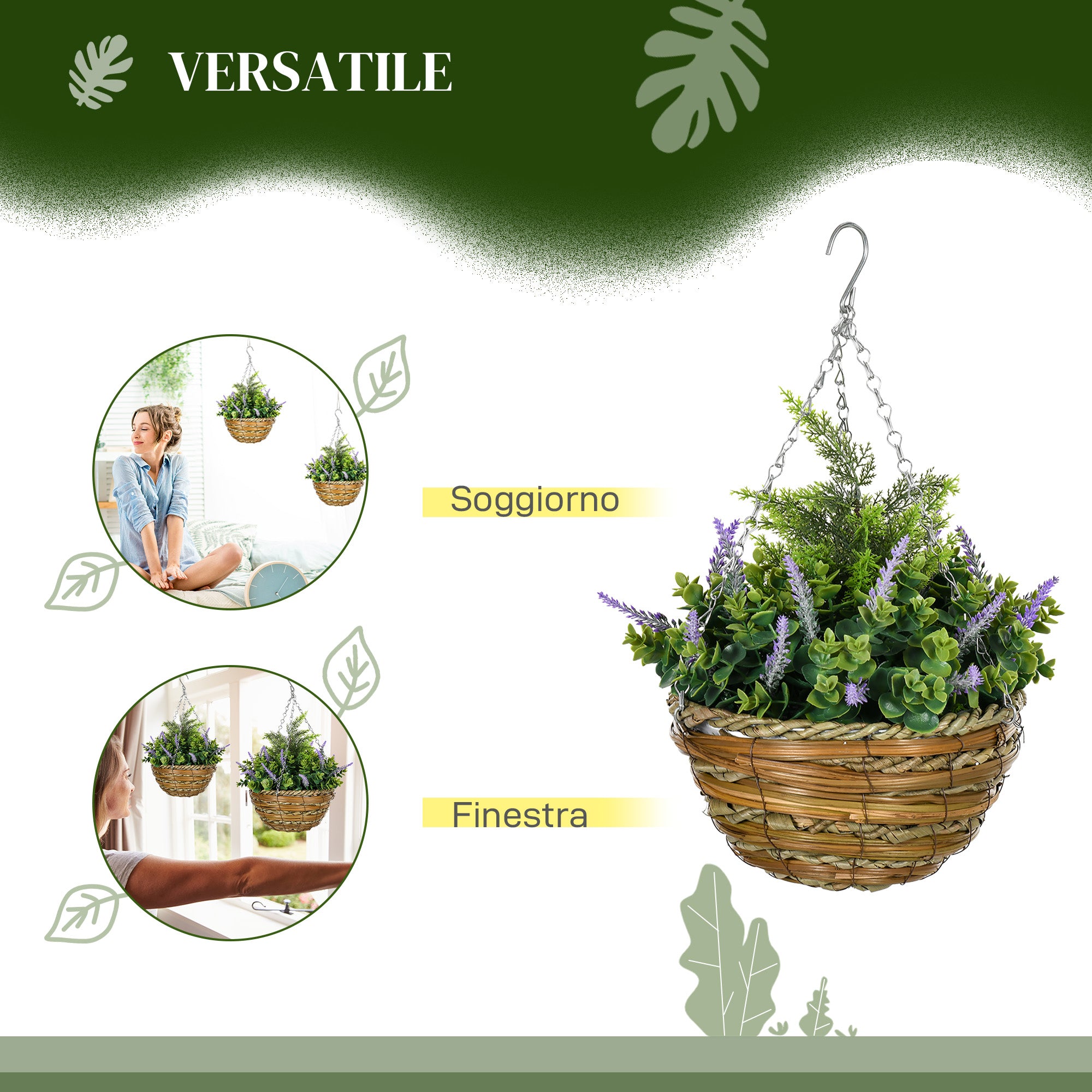 Set 2 Artificial Lavender Plants with Pot and Hook, PE and Wicker Artificial Plants, Ø25x34 cm, Green and Purple