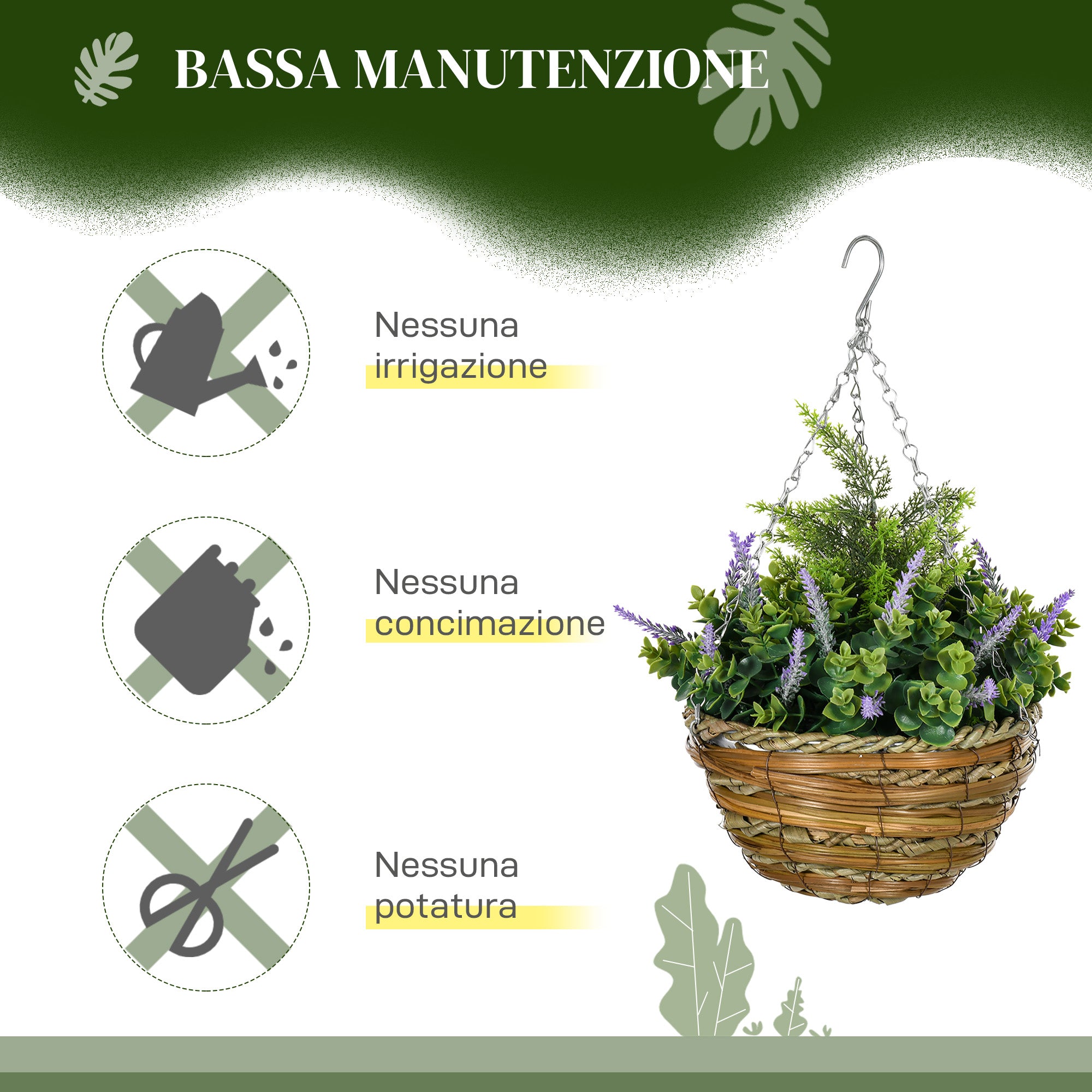 Set 2 Artificial Lavender Plants with Pot and Hook, PE and Wicker Artificial Plants, Ø25x34 cm, Green and Purple