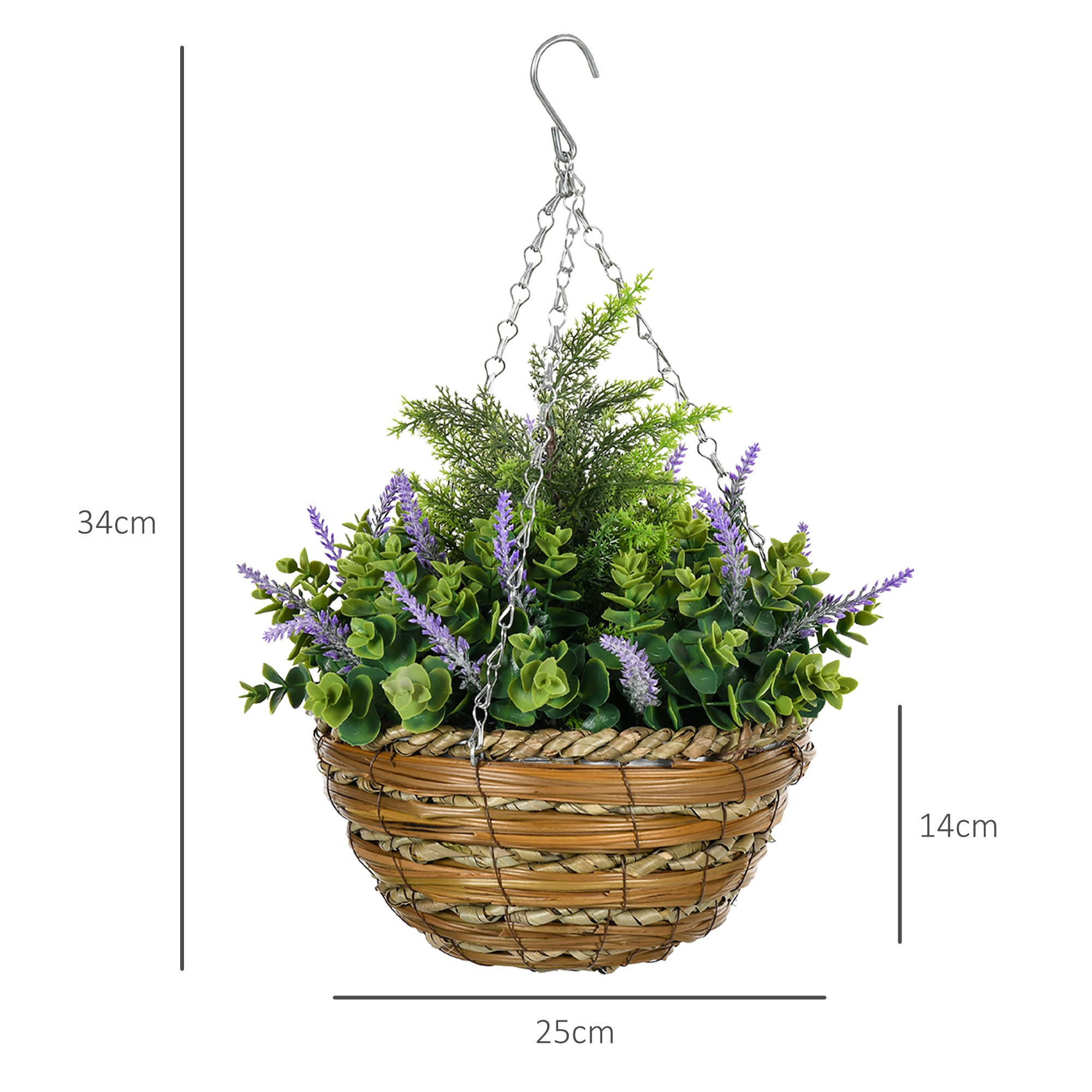 Set 2 Artificial Lavender Plants with Pot and Hook, PE and Wicker Artificial Plants, Ø25x34 cm, Green and Purple