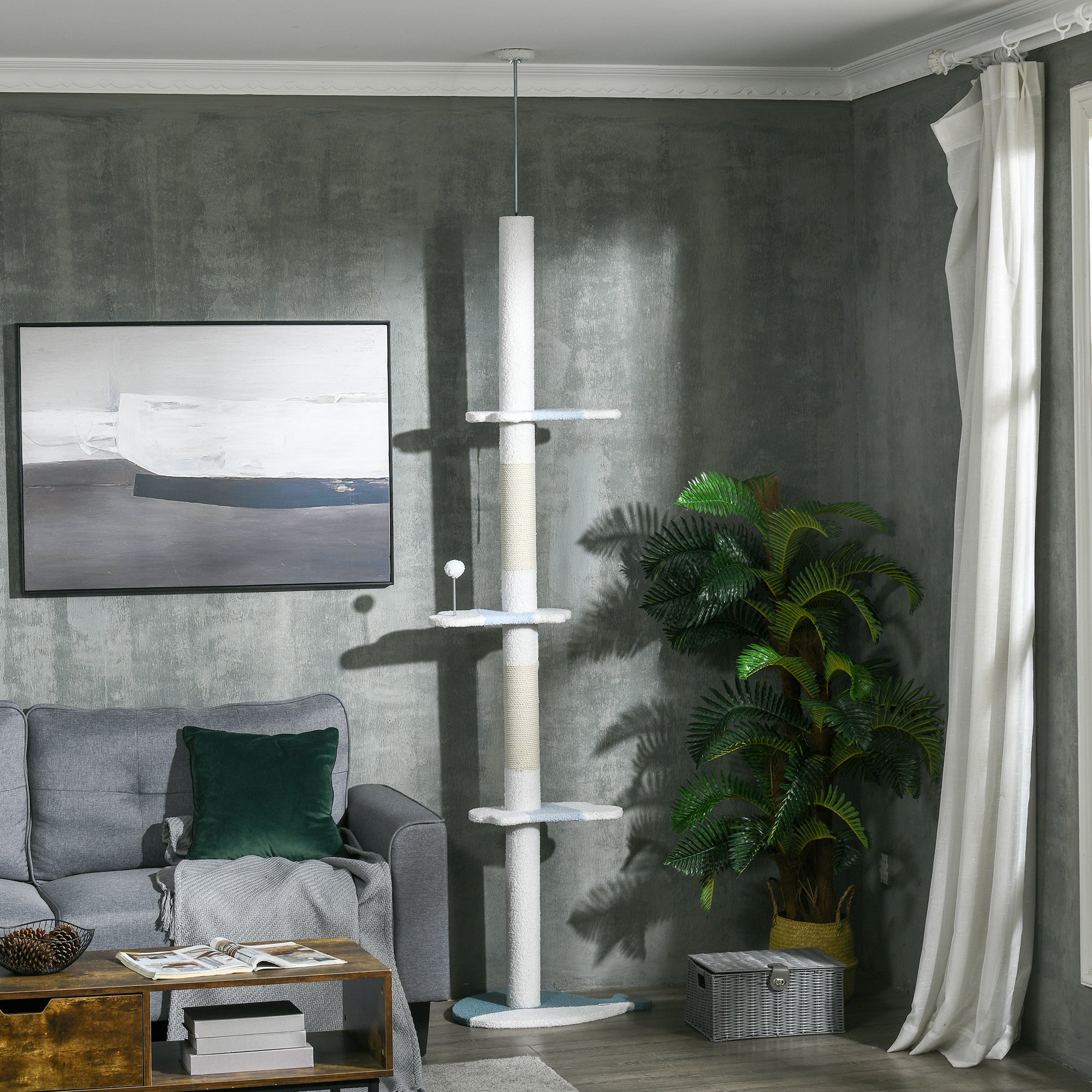 Ceiling Cat Scratching Post, Cat Gym with Adjustable Pole from 225-255 cm, Ball, Platforms and Whale-Shaped Base, White