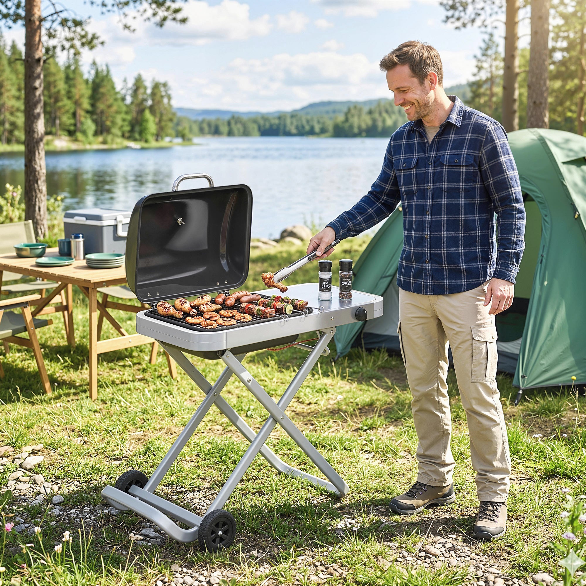 Portable 1-Burner 2.5 kW Folding Gas Grill with Cart, Side Shelf, Lid Thermometer & Drip Tray — Tabletop Outdoor Grill for BBQ, Camping & Garden