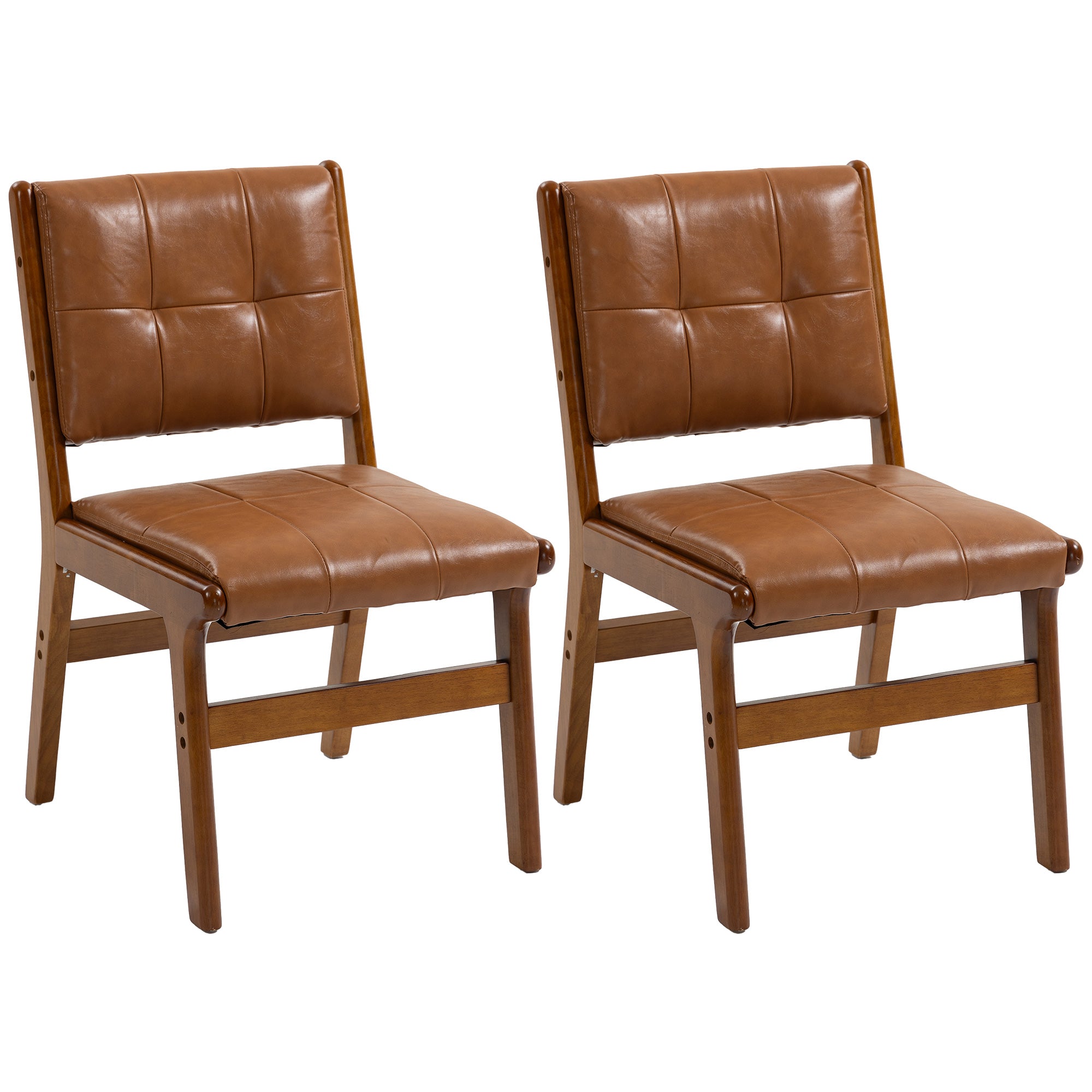 Set of 2 Dining Chairs, Modern PU Upholstered Kitchen Chairs, Padded Seat, Wooden Legs, Brown