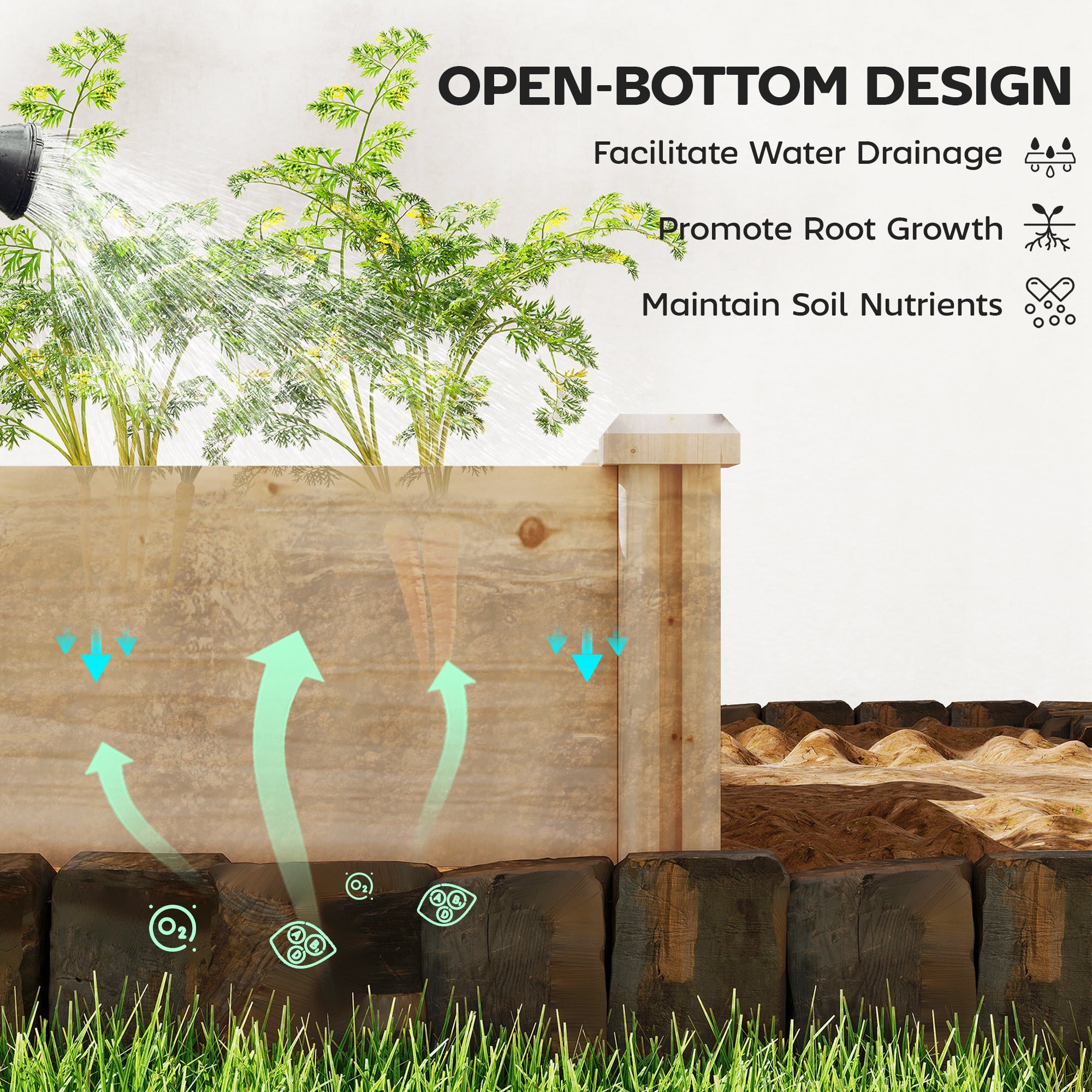 Wooden Raised Planter with Divider and Open Bottom, Spring Garden Bed, Large Vegetable & Herb Box 235 x 66 x 26 cm for Garden, Balcony, Plants