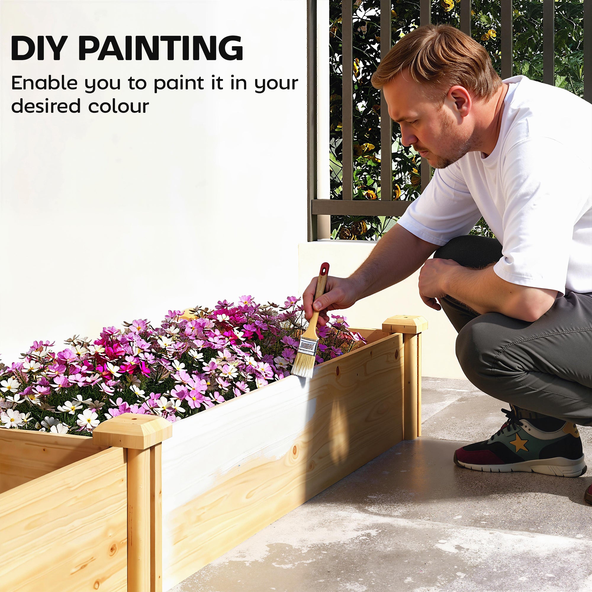 Wooden Raised Planter with Divider and Open Bottom, Spring Garden Bed, Large Vegetable & Herb Box 235 x 66 x 26 cm for Garden, Balcony, Plants