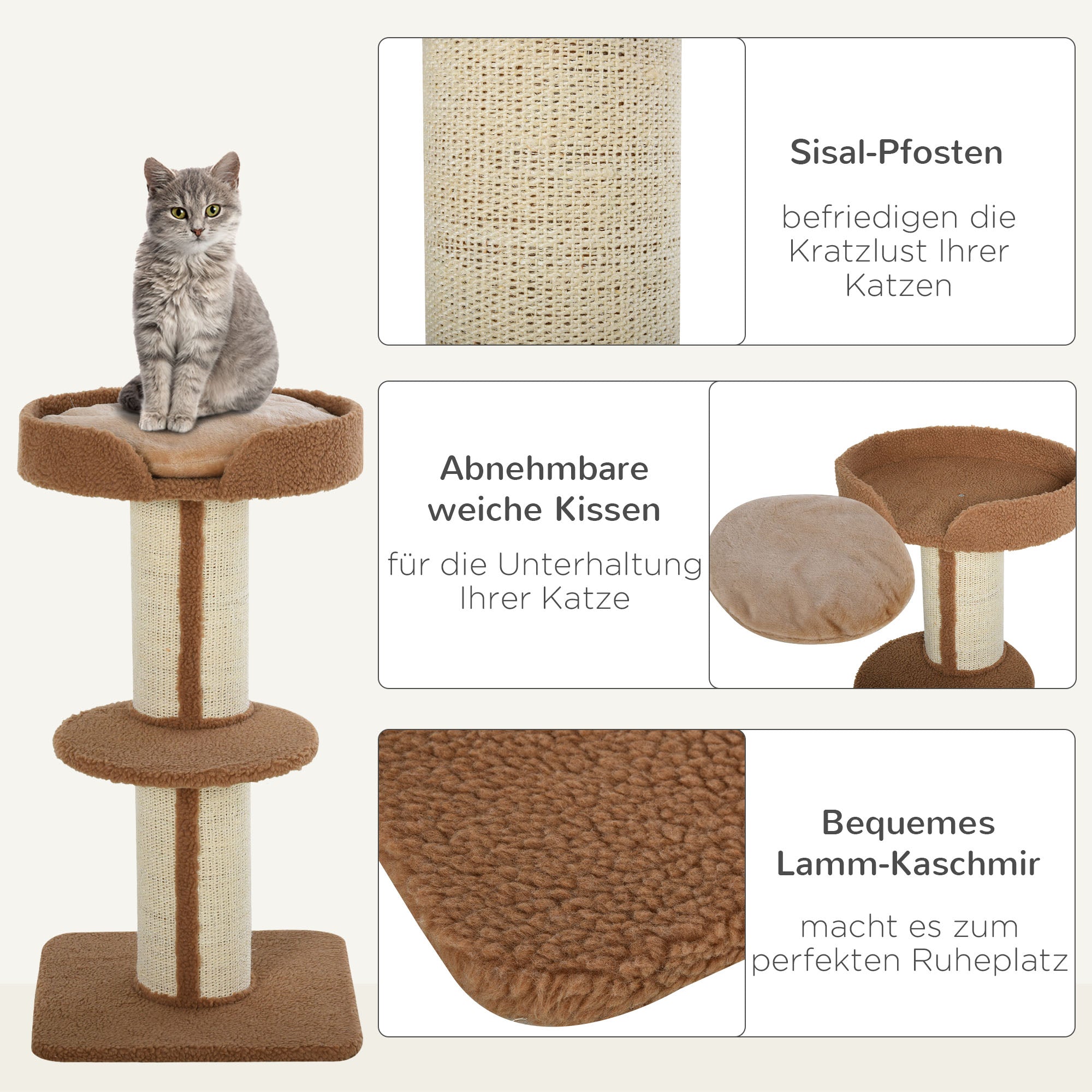 Cat Tree 91 cm Cat Tower with Sisal Posts, Platform, Cushion Multi-Level Cat Scratching Tree, Climbing Tree, for Medium Cats, Light Brown