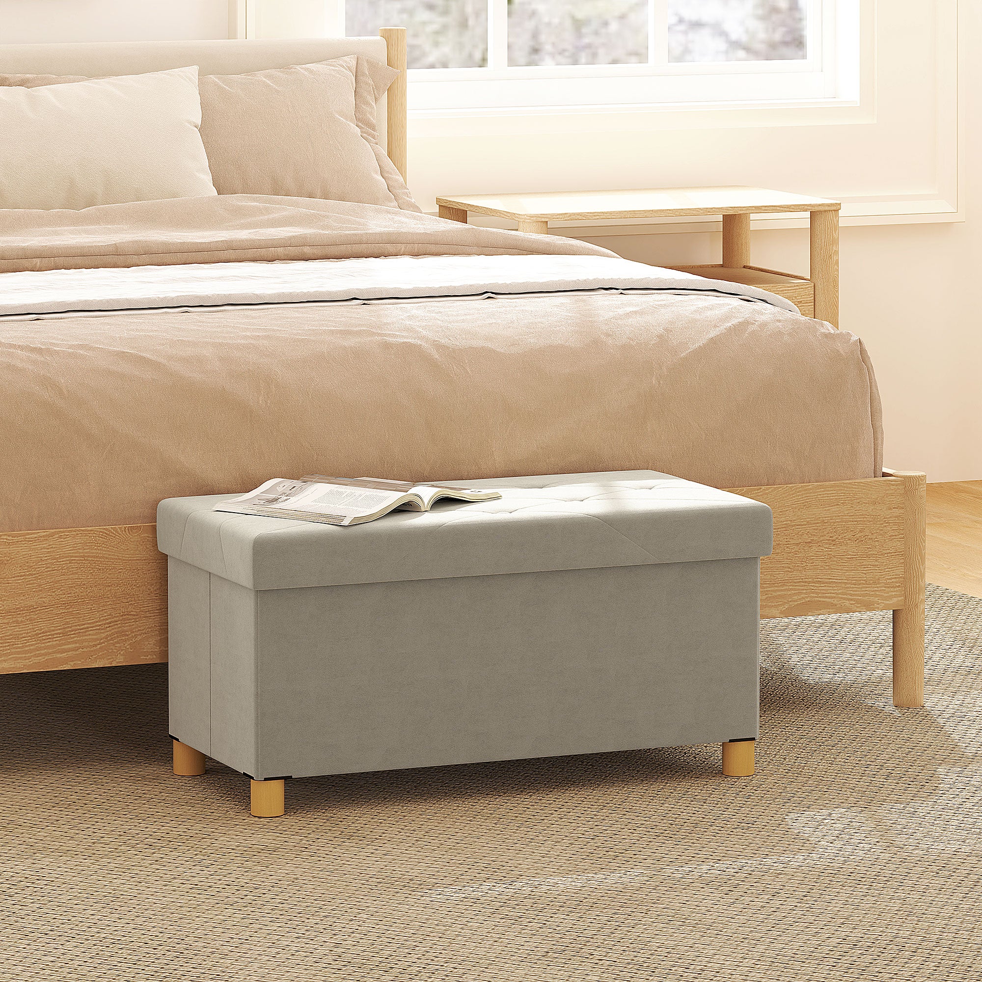 Folding Storage Ottoman Bench 67L, Bench with Padded Lid and Velvet Cover, 76x38x38cm, Cream White