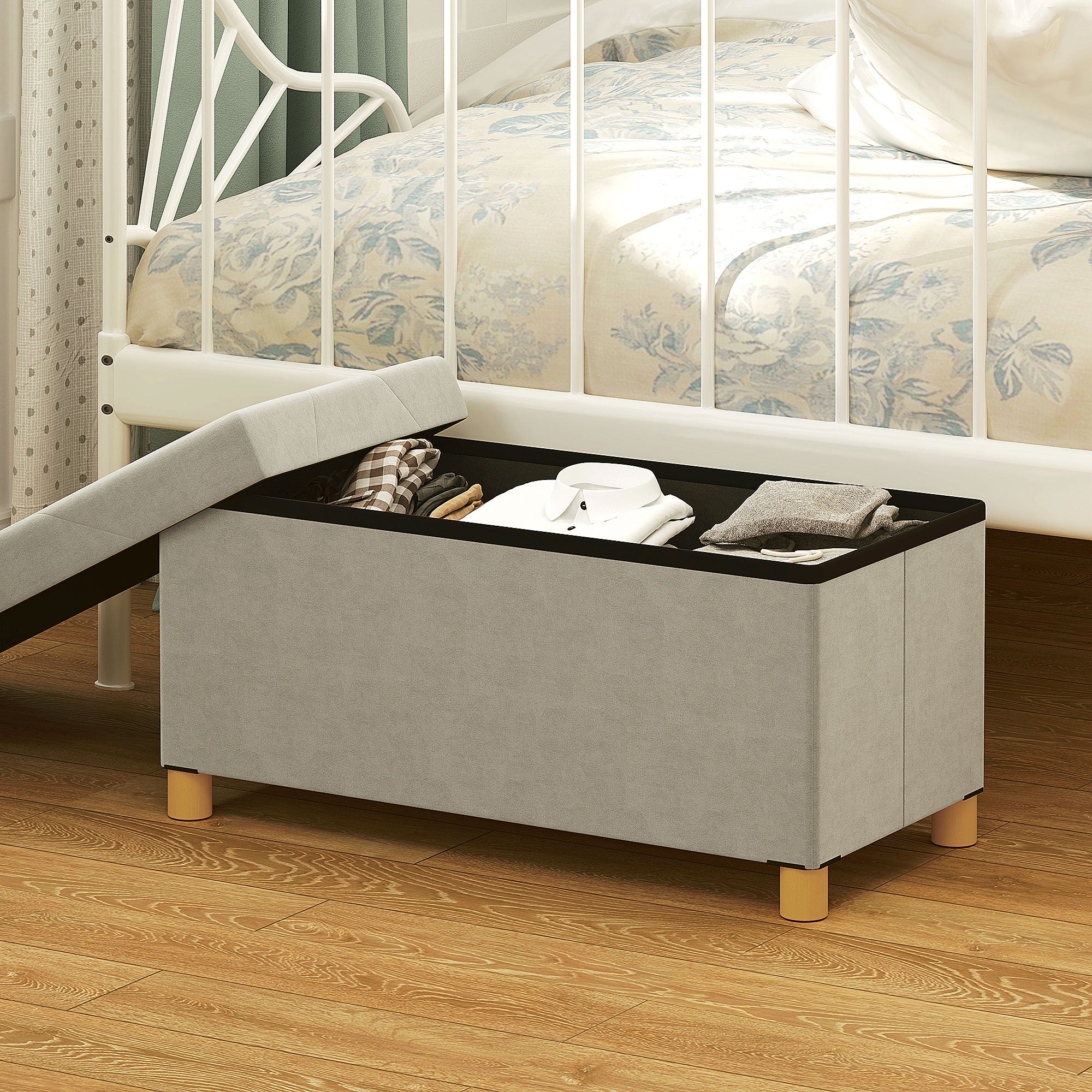 Folding Storage Ottoman Bench 67L, Bench with Padded Lid and Velvet Cover, 76x38x38cm, Cream White