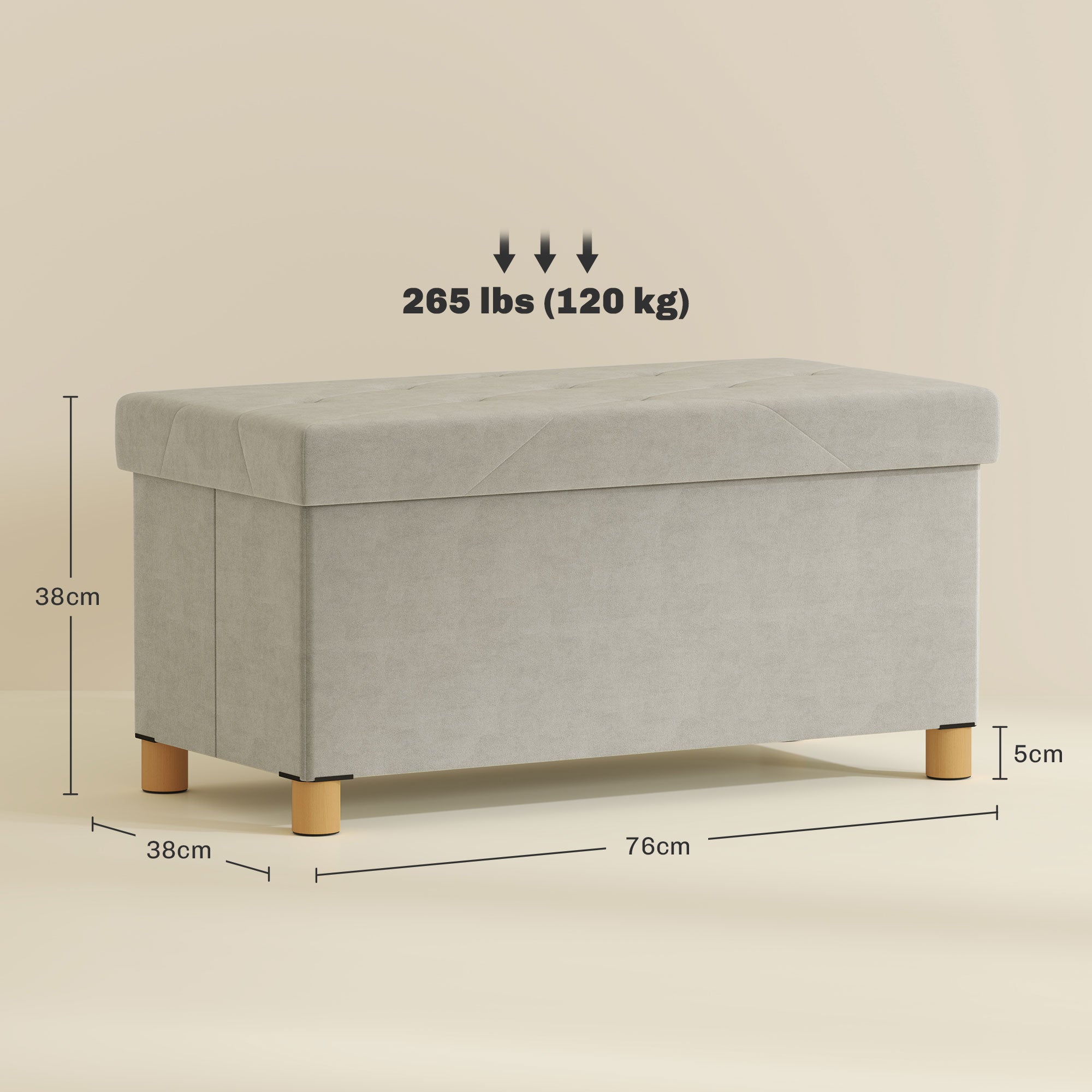 Folding Storage Ottoman Bench 67L, Bench with Padded Lid and Velvet Cover, 76x38x38cm, Cream White