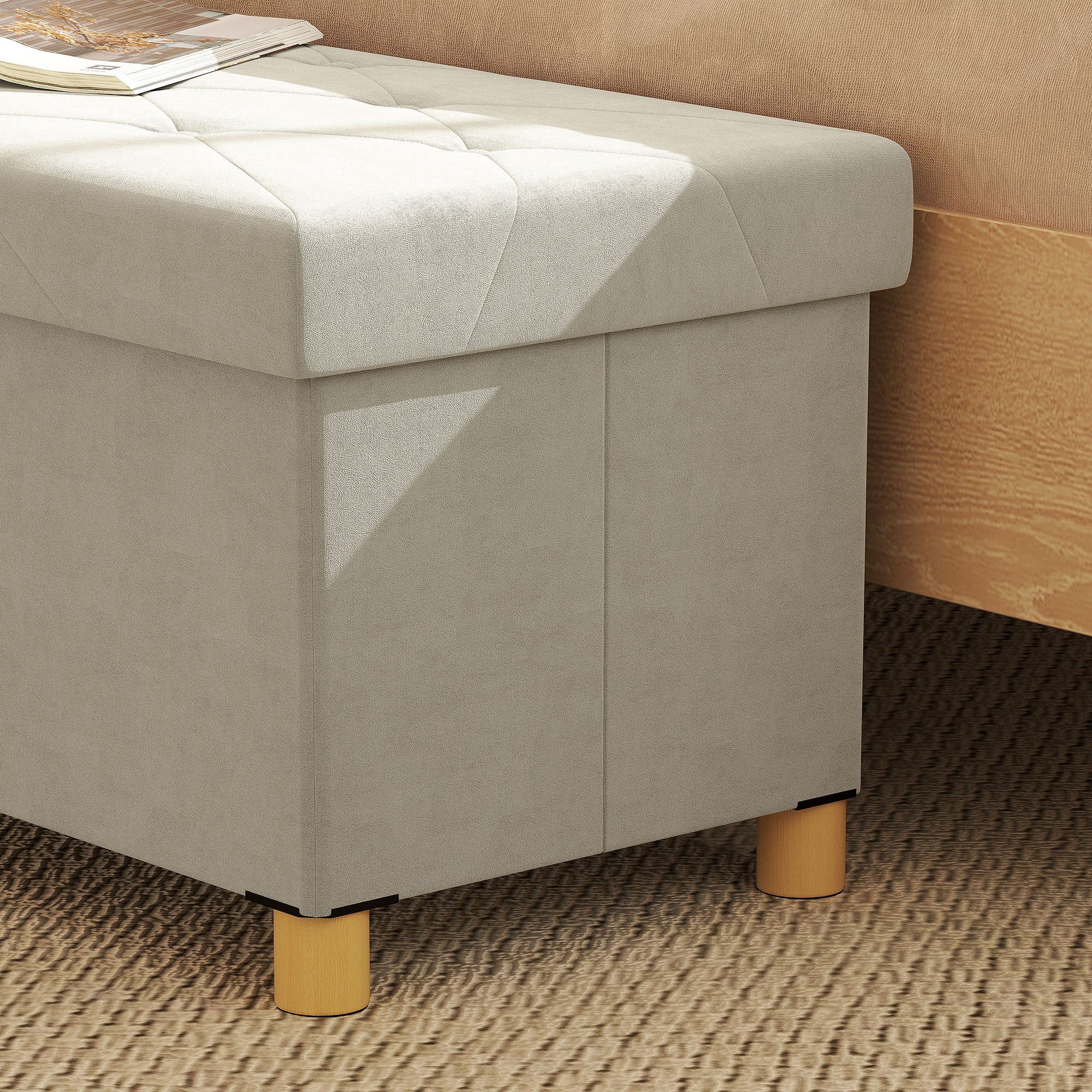 Folding Storage Ottoman Bench 67L, Bench with Padded Lid and Velvet Cover, 76x38x38cm, Cream White