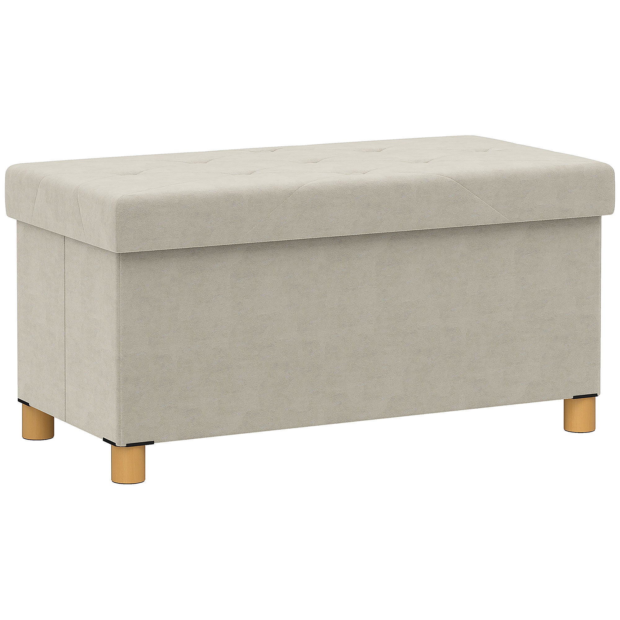 Folding Storage Ottoman Bench 67L, Bench with Padded Lid and Velvet Cover, 76x38x38cm, Cream White