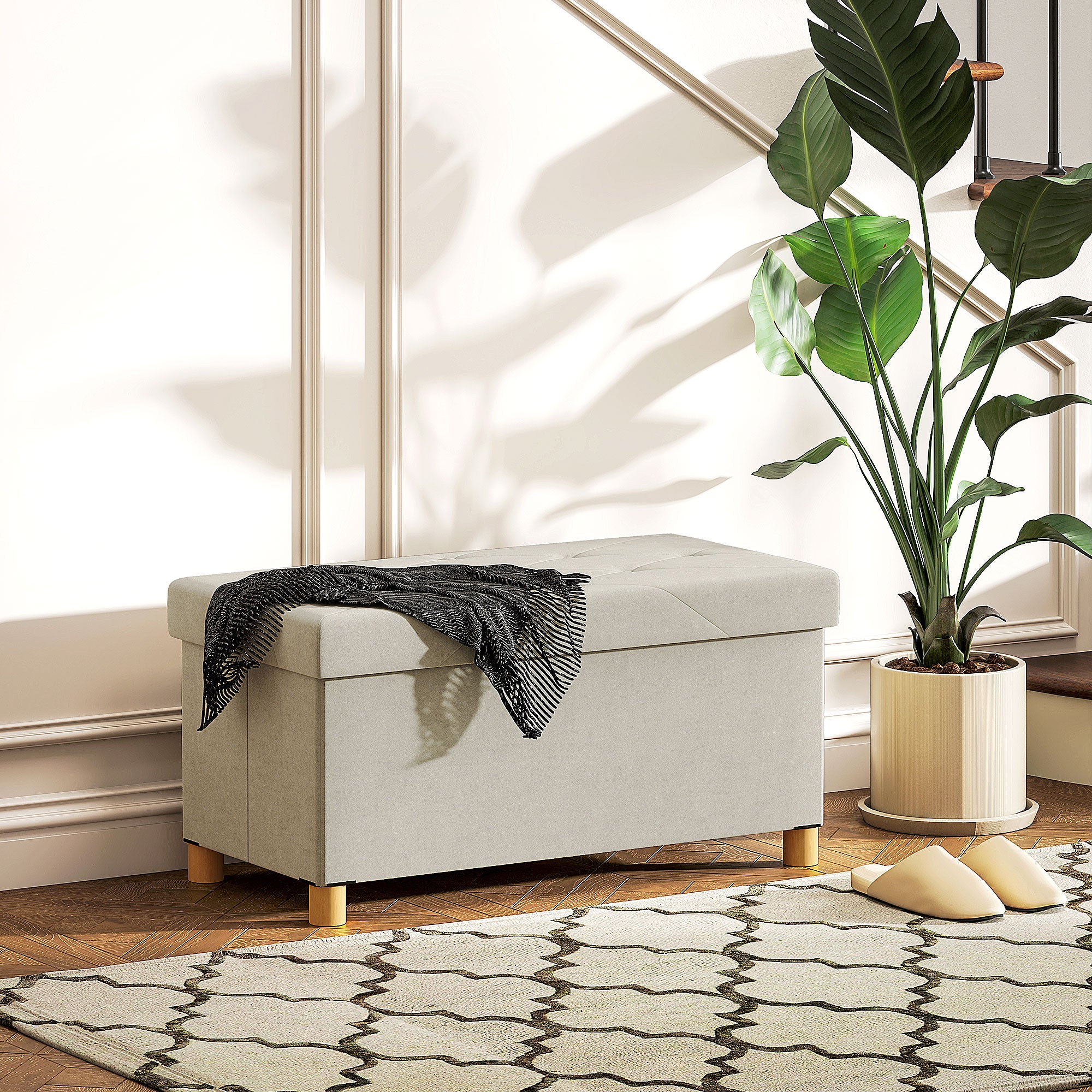 Folding Storage Ottoman Bench 67L, Bench with Padded Lid and Velvet Cover, 76x38x38cm, Cream White