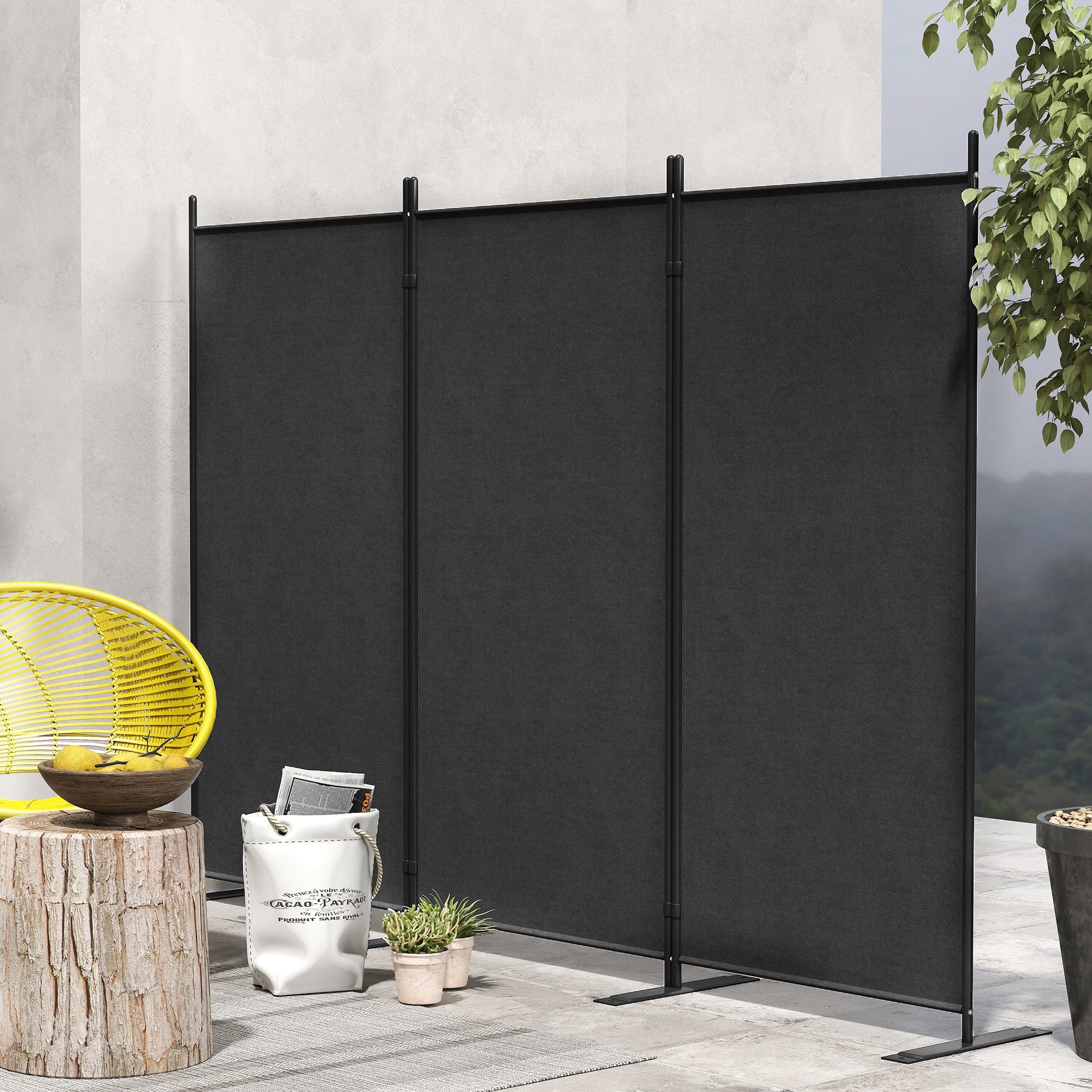 3-Panel Foldable and Adjustable Outdoor Windbreak with Wide Feet, Polyester and Metal Garden Divider, 252x44x176 cm, UV30+, Dark Grey