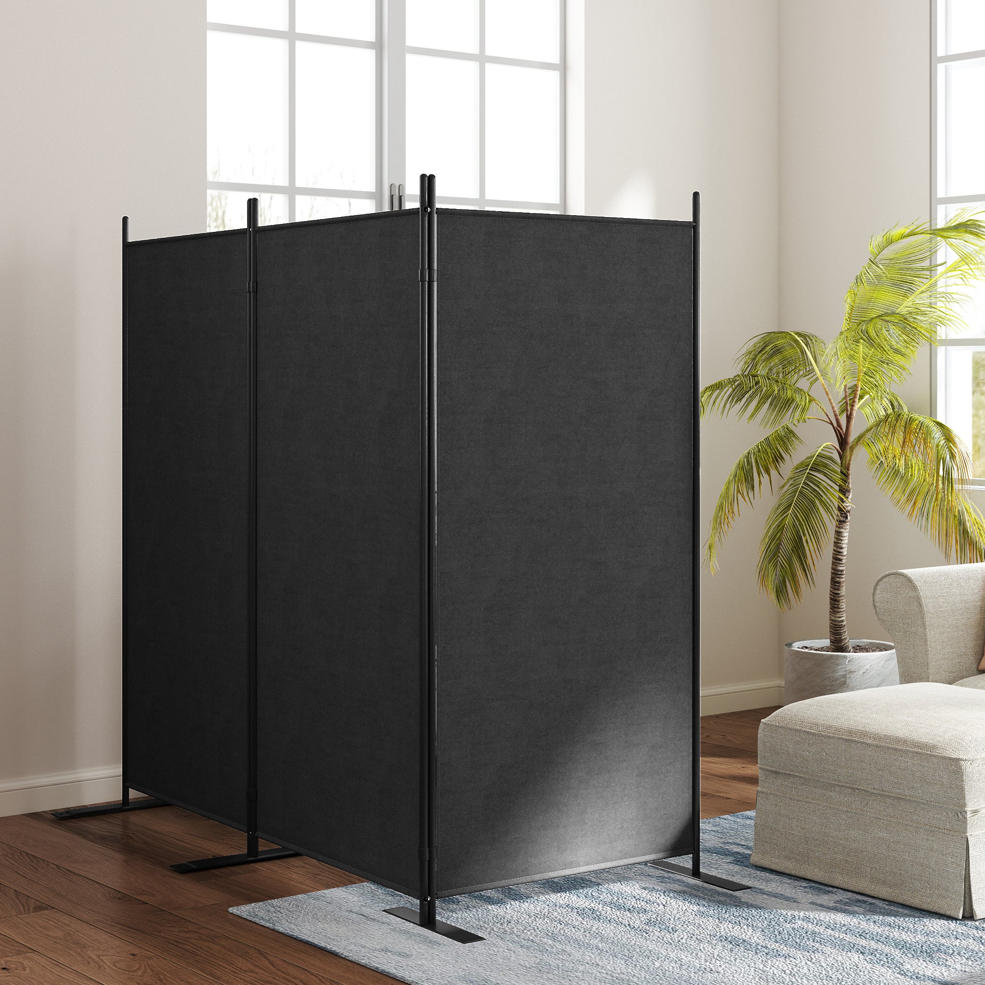 3-Panel Foldable and Adjustable Outdoor Windbreak with Wide Feet, Polyester and Metal Garden Divider, 252x44x176 cm, UV30+, Dark Grey