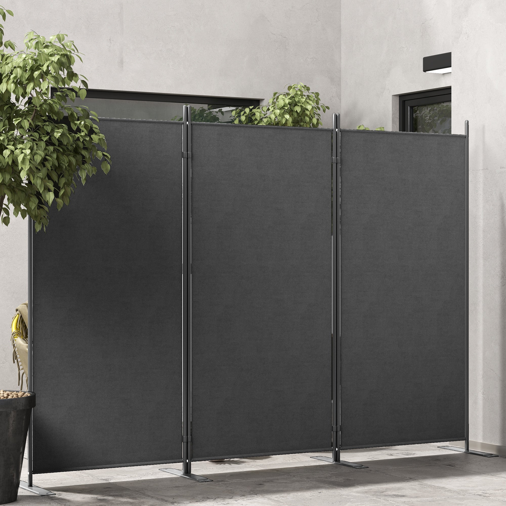 3-Panel Foldable and Adjustable Outdoor Windbreak with Wide Feet, Polyester and Metal Garden Divider, 252x44x176 cm, UV30+, Dark Grey