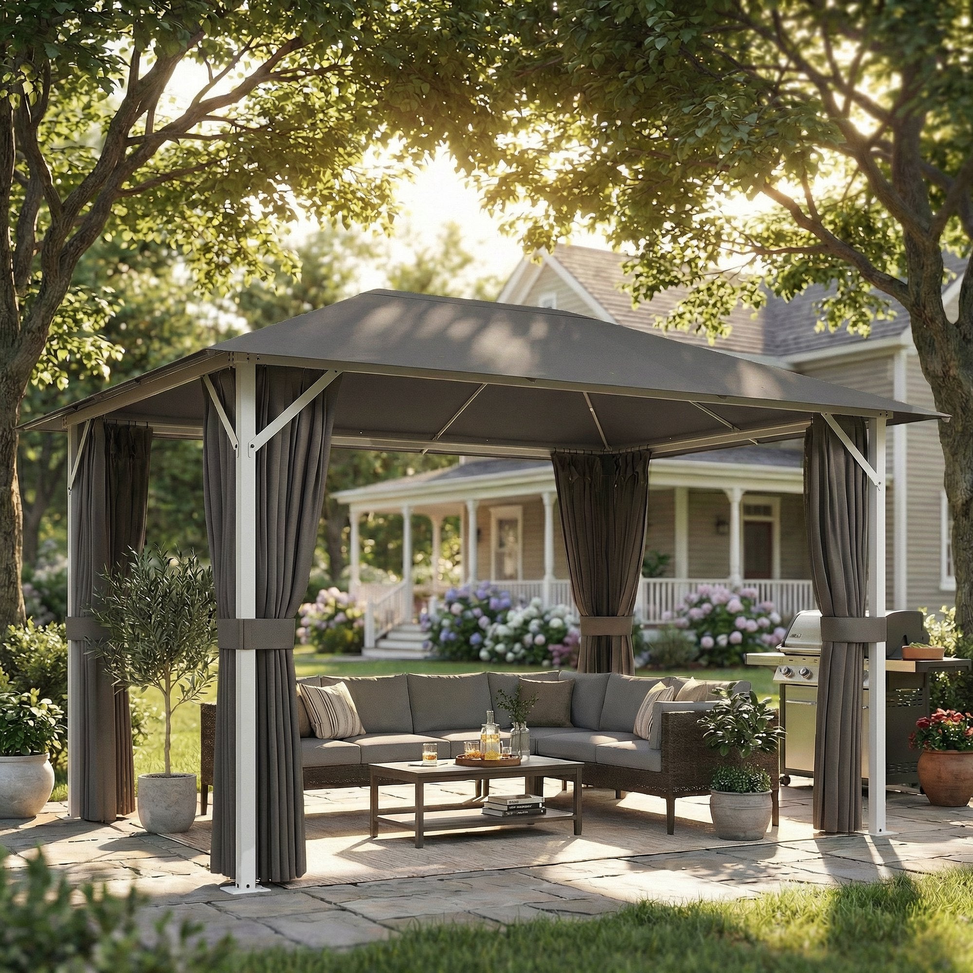 Gazebo approx. 4 x 3 m Waterproof, Sturdy & Winter-Resistant Garden Pavilion with Mosquito Net, 4 Side Panels, Vent & Drain Holes, UV50+ Party Tent — Dark Gray