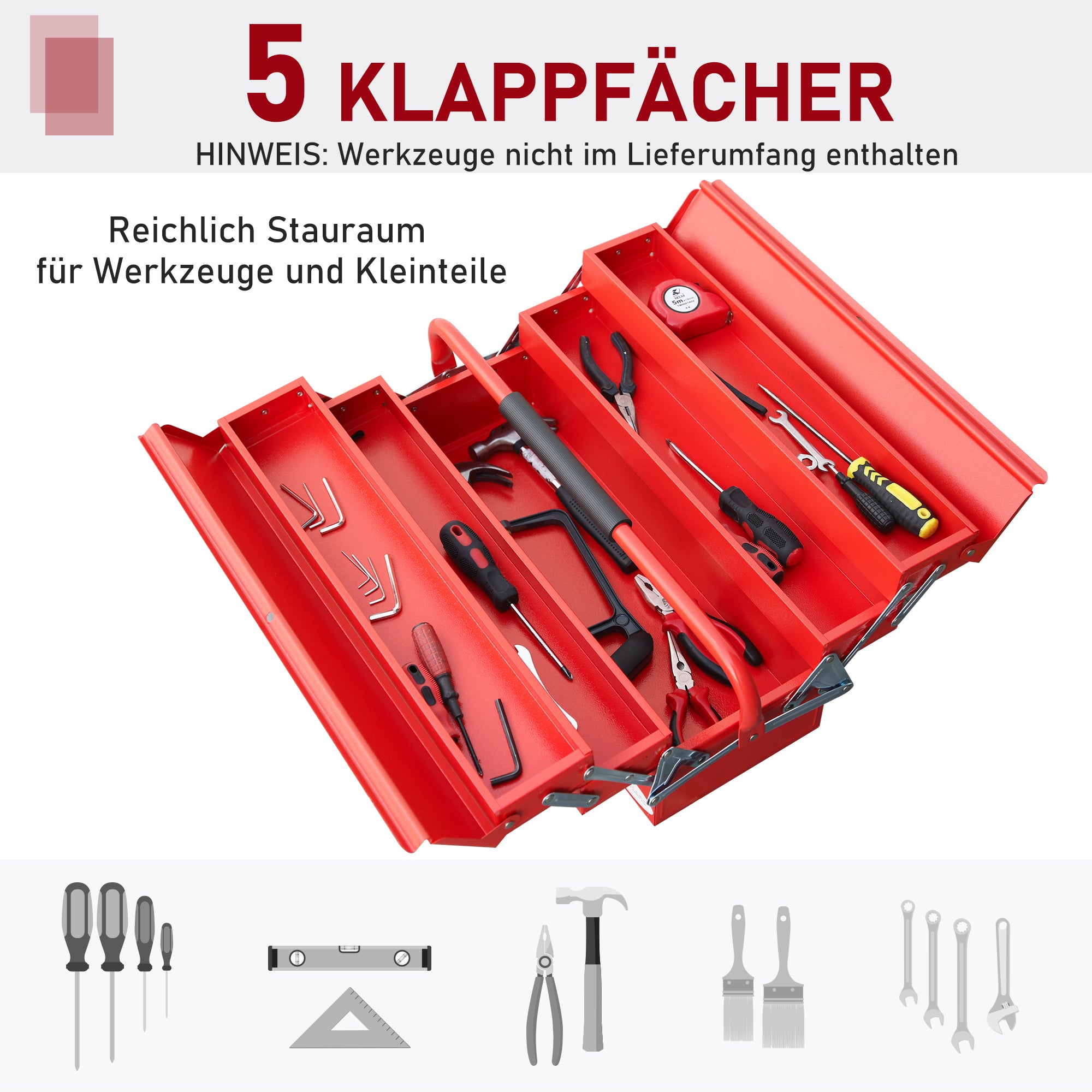 Tool Box Toolbox 5 Compartments Foldable Steel (SPCC) Red 56 x 20 x 41 cm