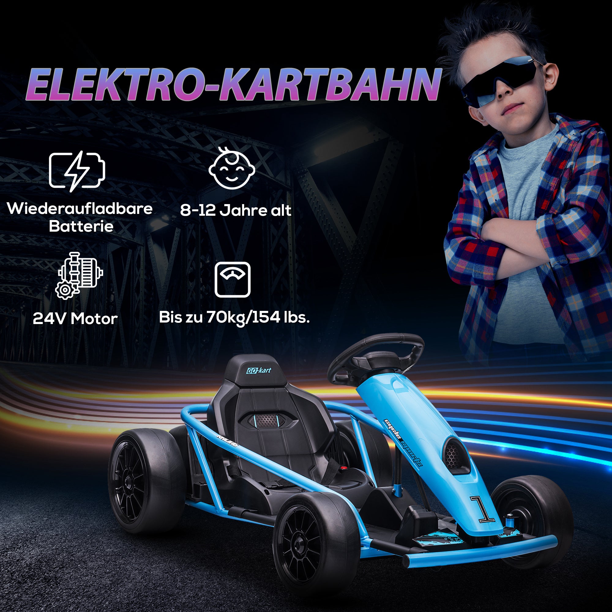 Kids Electric Go-Kart 12V 6-13km/h Drift Kart with Slow Start, Music, Horn, and Seat Belt, Children's Vehicle for 8-12 Years, Blue