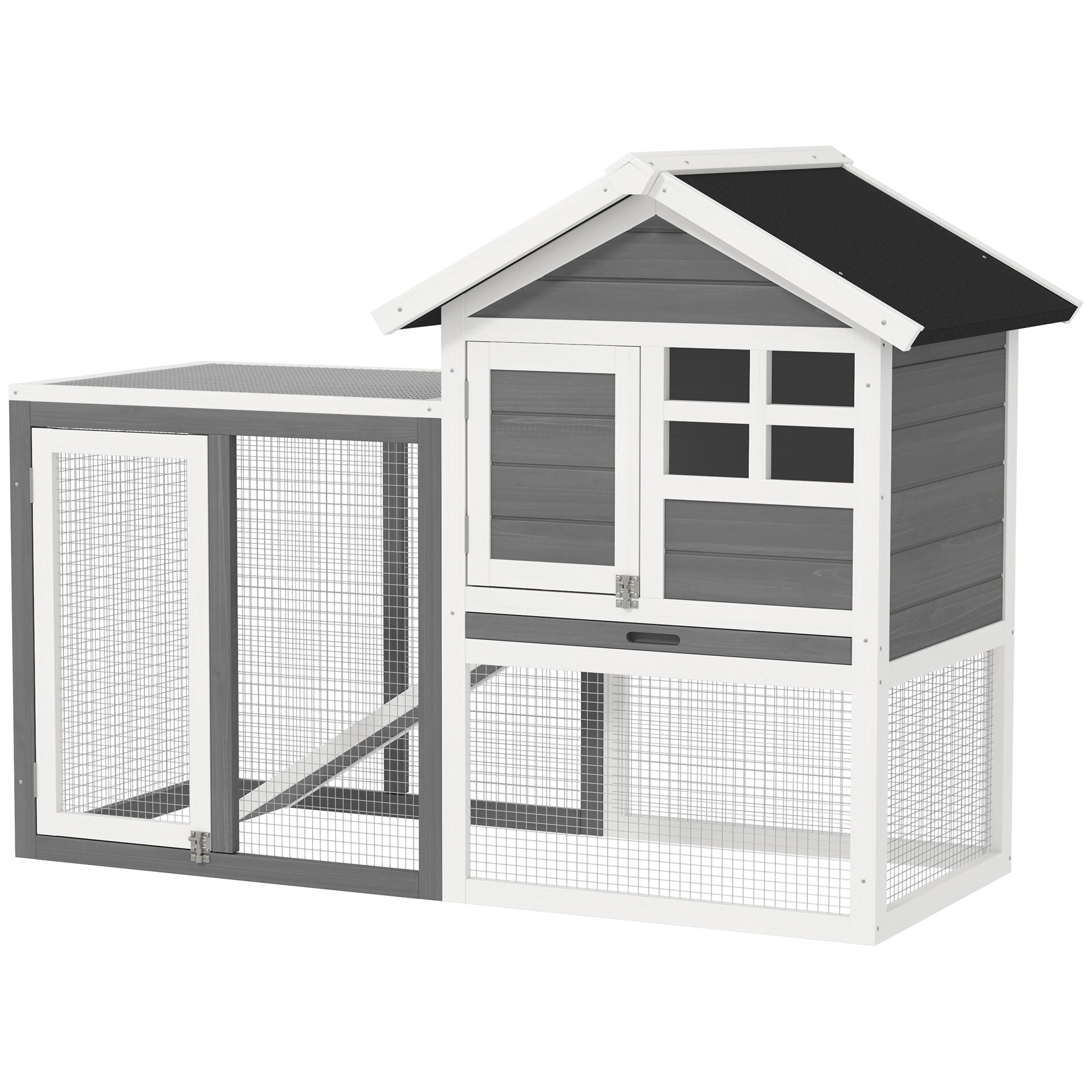 Rabbit Hutch Pine Wood Outdoor Indoor Small Animal House Cage Removable Bottom Tray and Ramp Gray+Black+White 122 x 62.6 x 92 cm