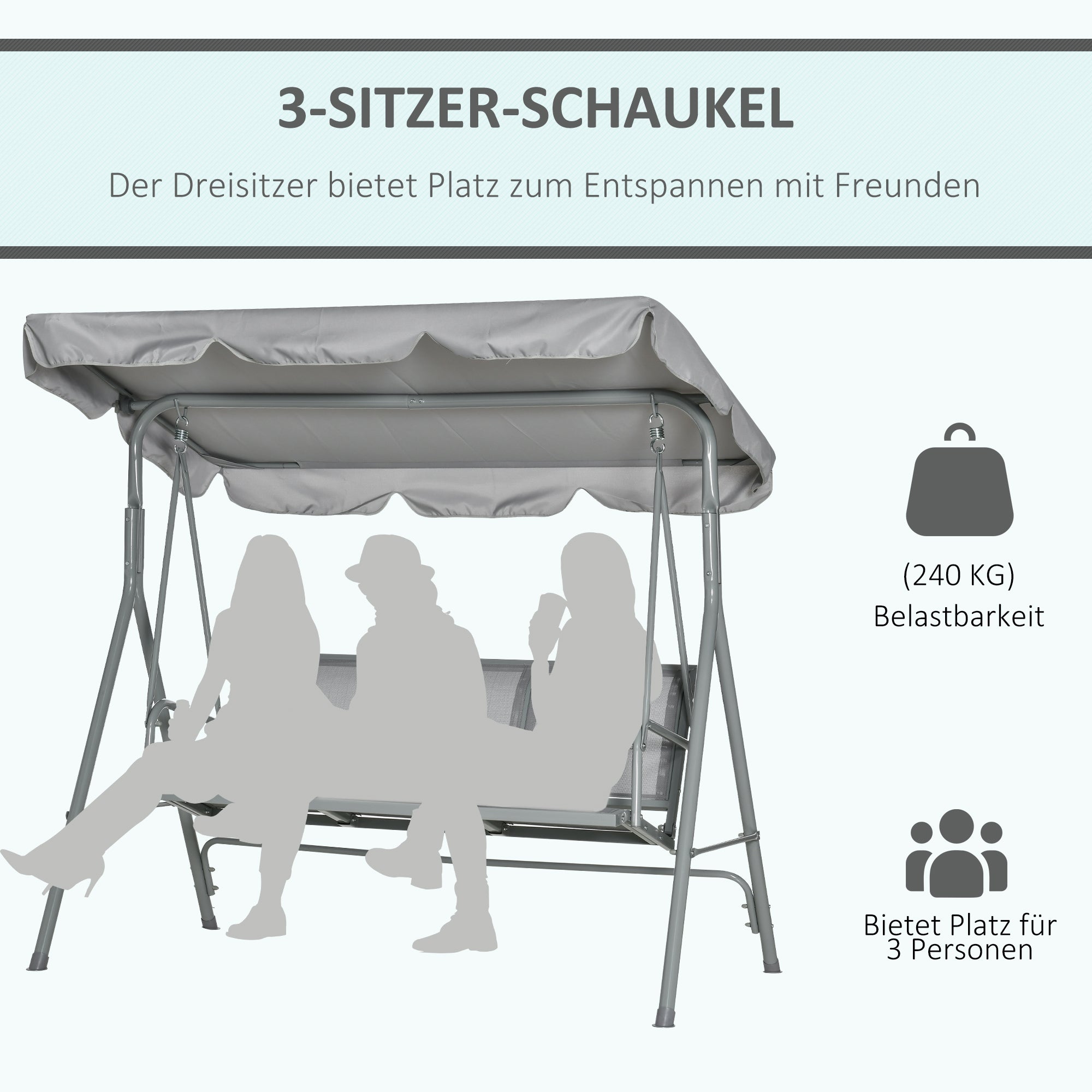 Hollywood Swing with Adjustable Sun Canopy, 3-Seater Garden Swing with Anti-Slip Feet, Swing Bench Loadable up to 240 kg, Lounger for Garden, Terrace, 170x110x153cm, Gray+Silver