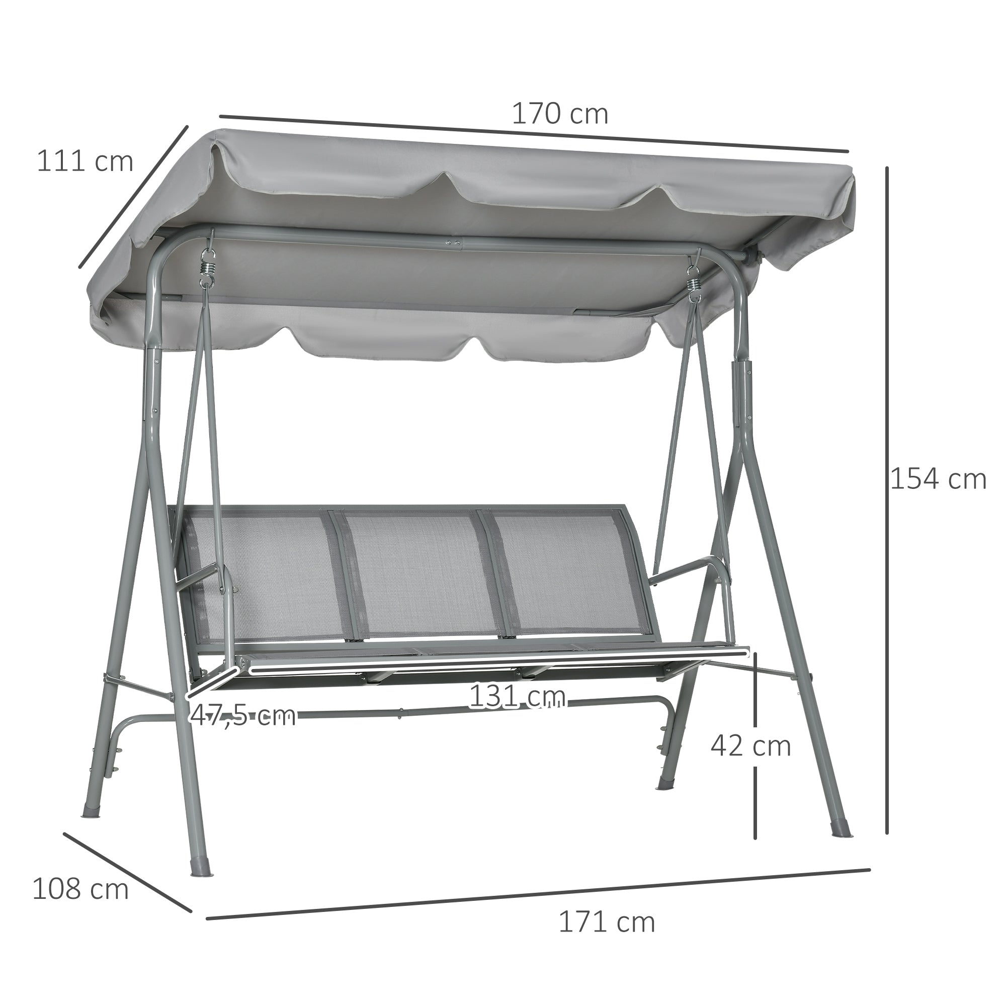 Hollywood Swing with Adjustable Sun Canopy, 3-Seater Garden Swing with Anti-Slip Feet, Swing Bench Loadable up to 240 kg, Lounger for Garden, Terrace, 170x110x153cm, Gray+Silver