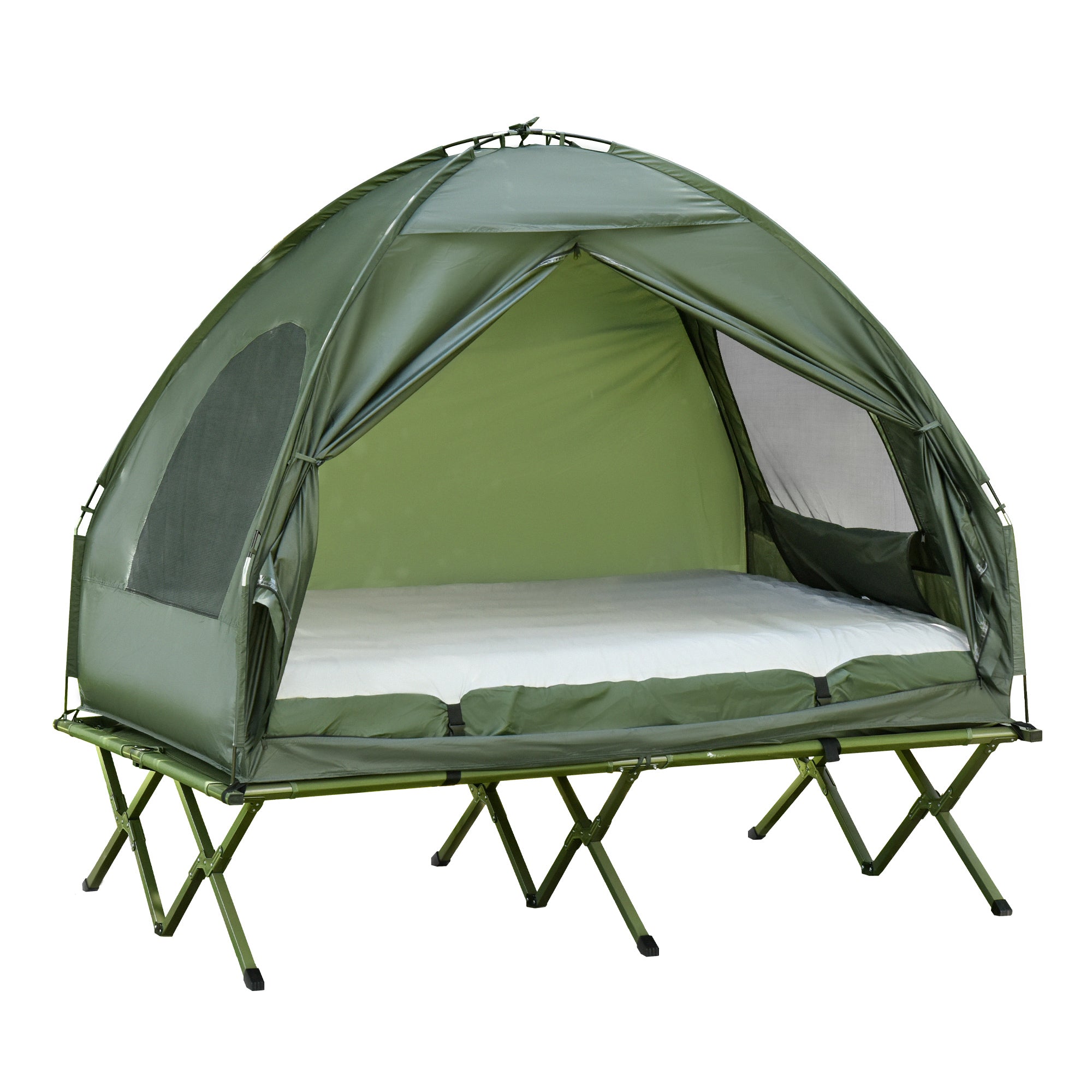 Cot with Tent Elevated Camping Bed with Air Mattress Pump Taffeta Carrying Bag 193 x 136 x 180 cm Guest Bed for 2 Persons up to 160 kg Extra Wide Folding Bed Camping Cot for Outdoor Green