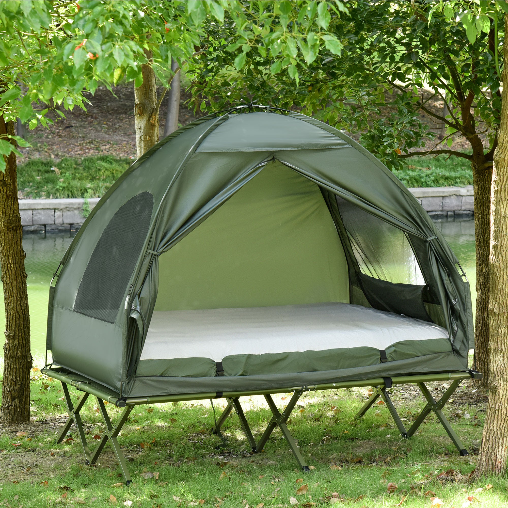 Cot with Tent Elevated Camping Bed with Air Mattress Pump Taffeta Carrying Bag 193 x 136 x 180 cm Guest Bed for 2 Persons up to 160 kg Extra Wide Folding Bed Camping Cot for Outdoor Green