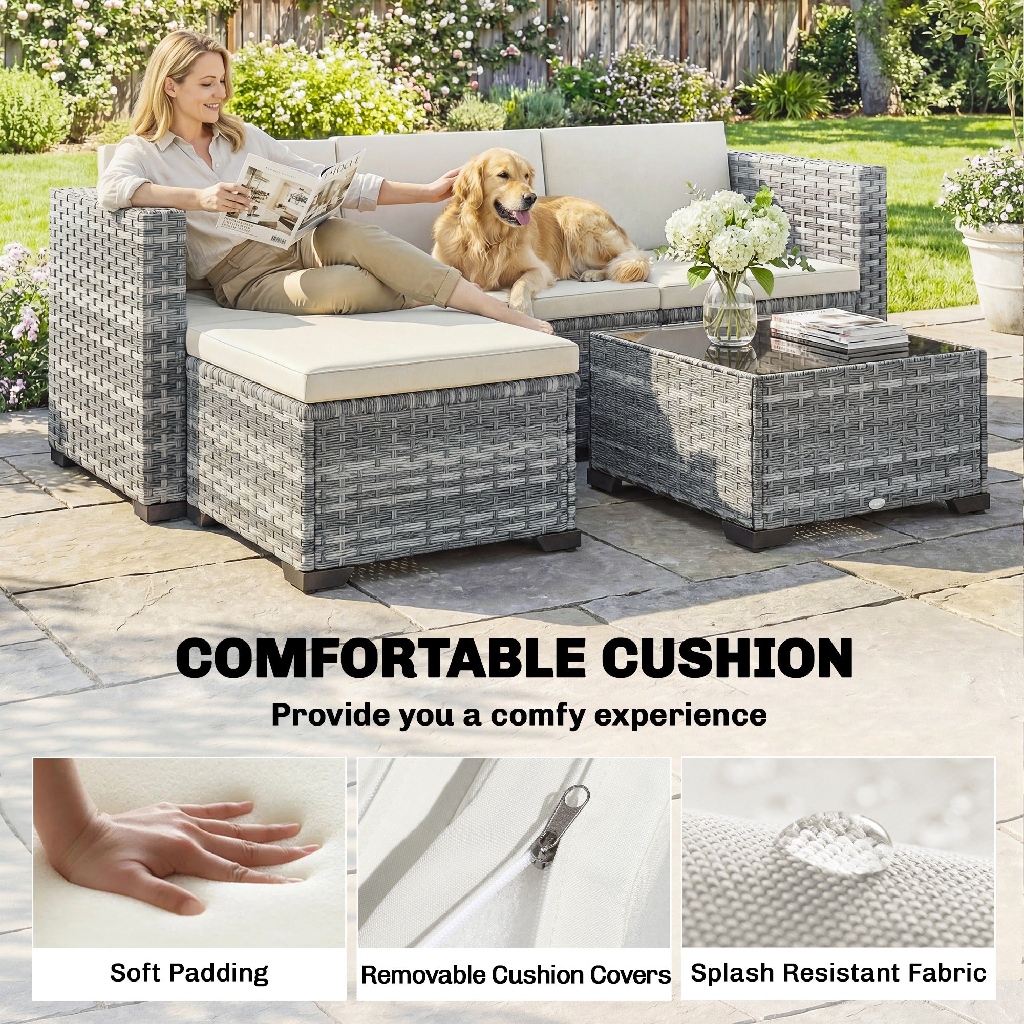 5-Piece PE Rattan Patio Lounge Set with Corner Sofa, Ottoman & Coffee Table, Cushions, Seats up to 4 — Gray & Cream