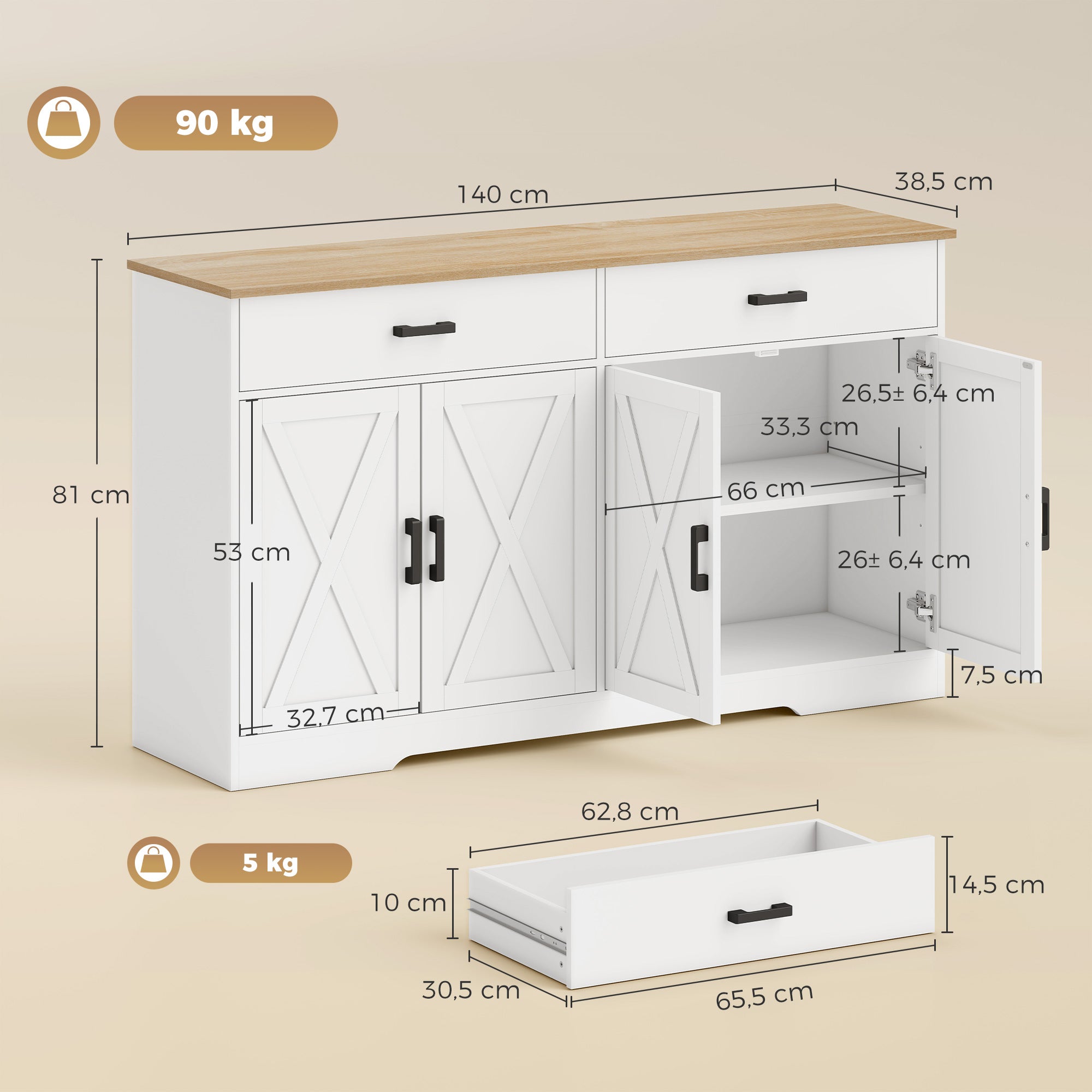Sideboard Buffet Cabinet, 55.1 in Farmhouse Kitchen Cabinet with 2 Drawers & 2 Cabinets, Coffee Bar with Sliding/Barn-Style Doors and Adjustable Shelves, White