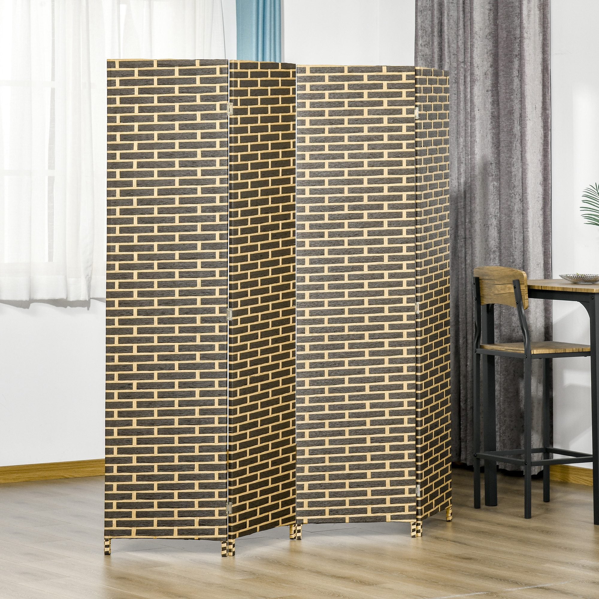 Indoor Room Divider 4 Foldable Panels 180L x 180H cm Poplar Wood Woven Paper Fibers Chocolate Straw