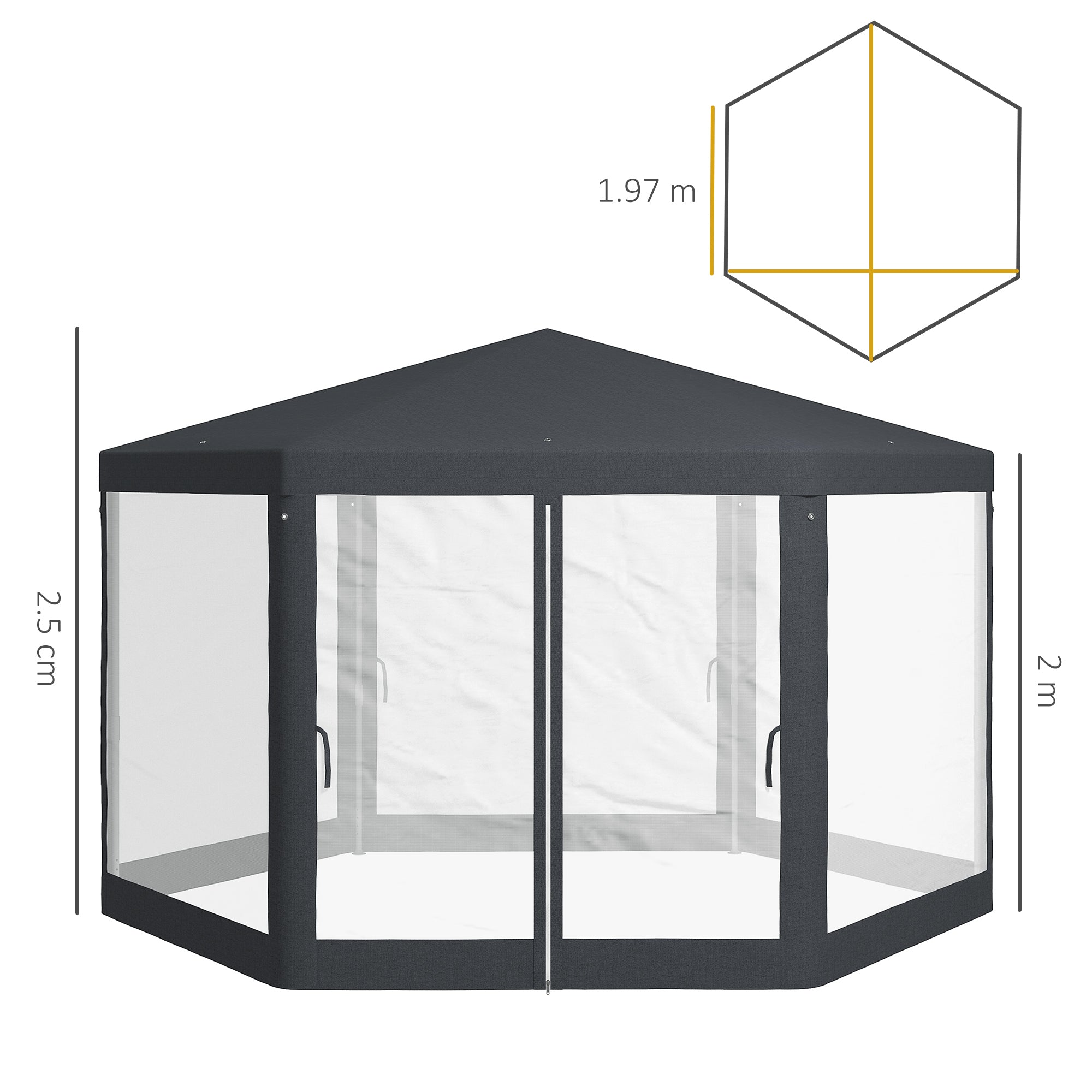 4x4m Hexagonal Garden Gazebo with Mesh Walls, 2 Doors, Adjustable Legs, Metal and Polyester Gazebo with Stakes and Ropes, Grey