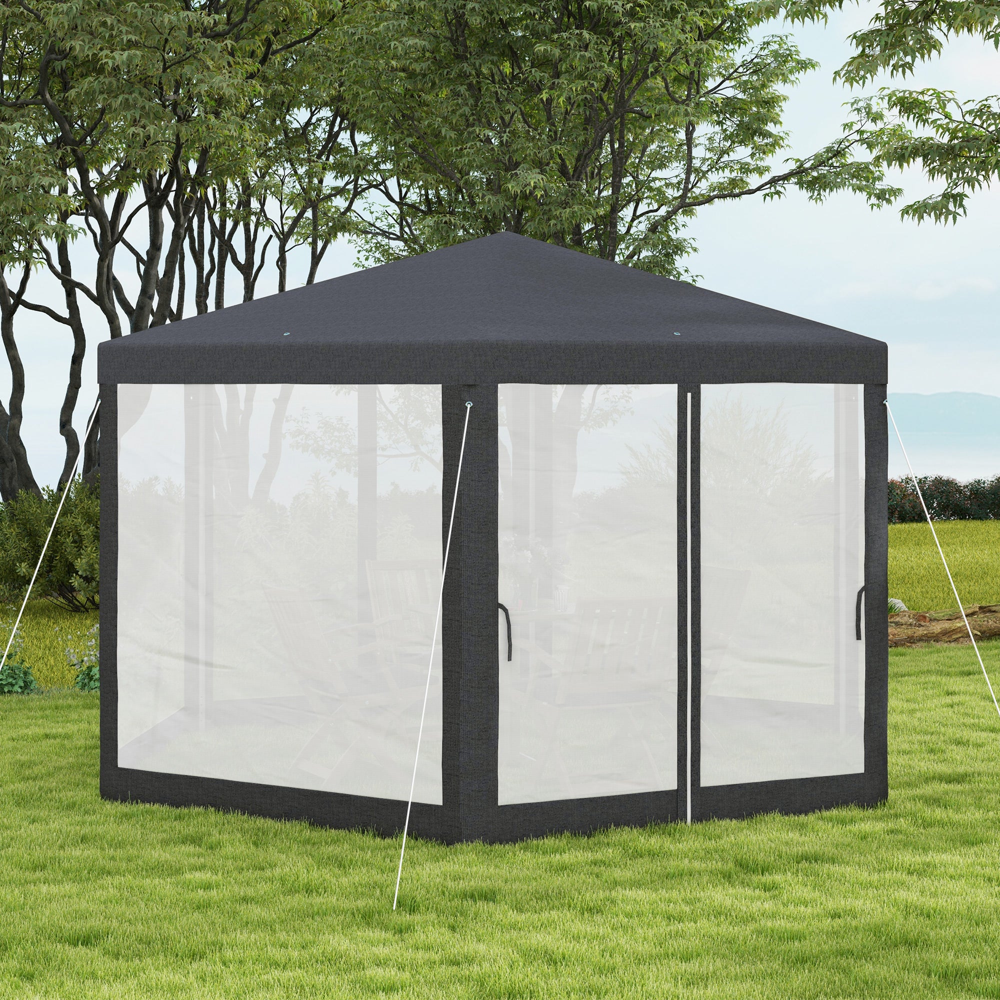4x4m Hexagonal Garden Gazebo with Mesh Walls, 2 Doors, Adjustable Legs, Metal and Polyester Gazebo with Stakes and Ropes, Grey