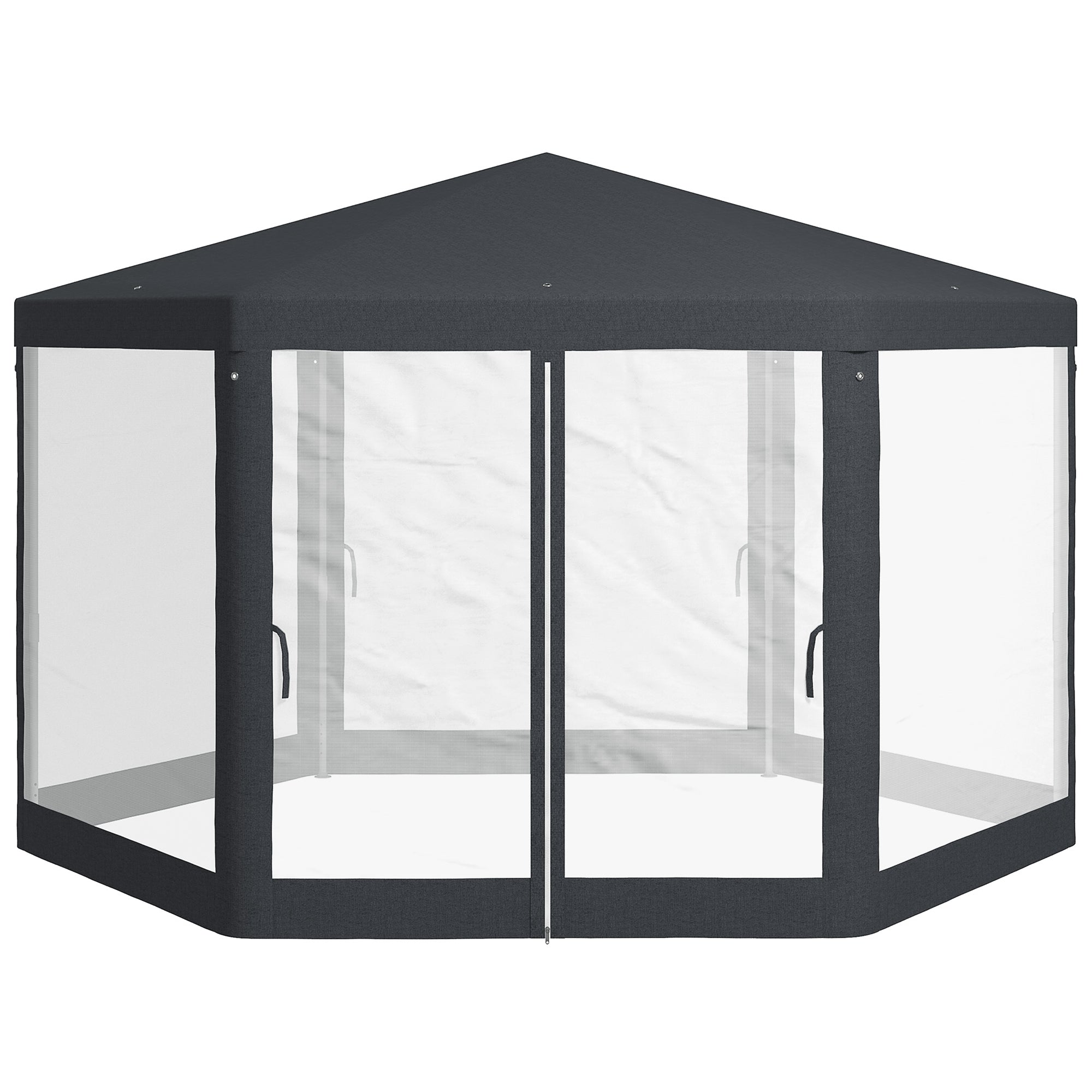 4x4m Hexagonal Garden Gazebo with Mesh Walls, 2 Doors, Adjustable Legs, Metal and Polyester Gazebo with Stakes and Ropes, Grey