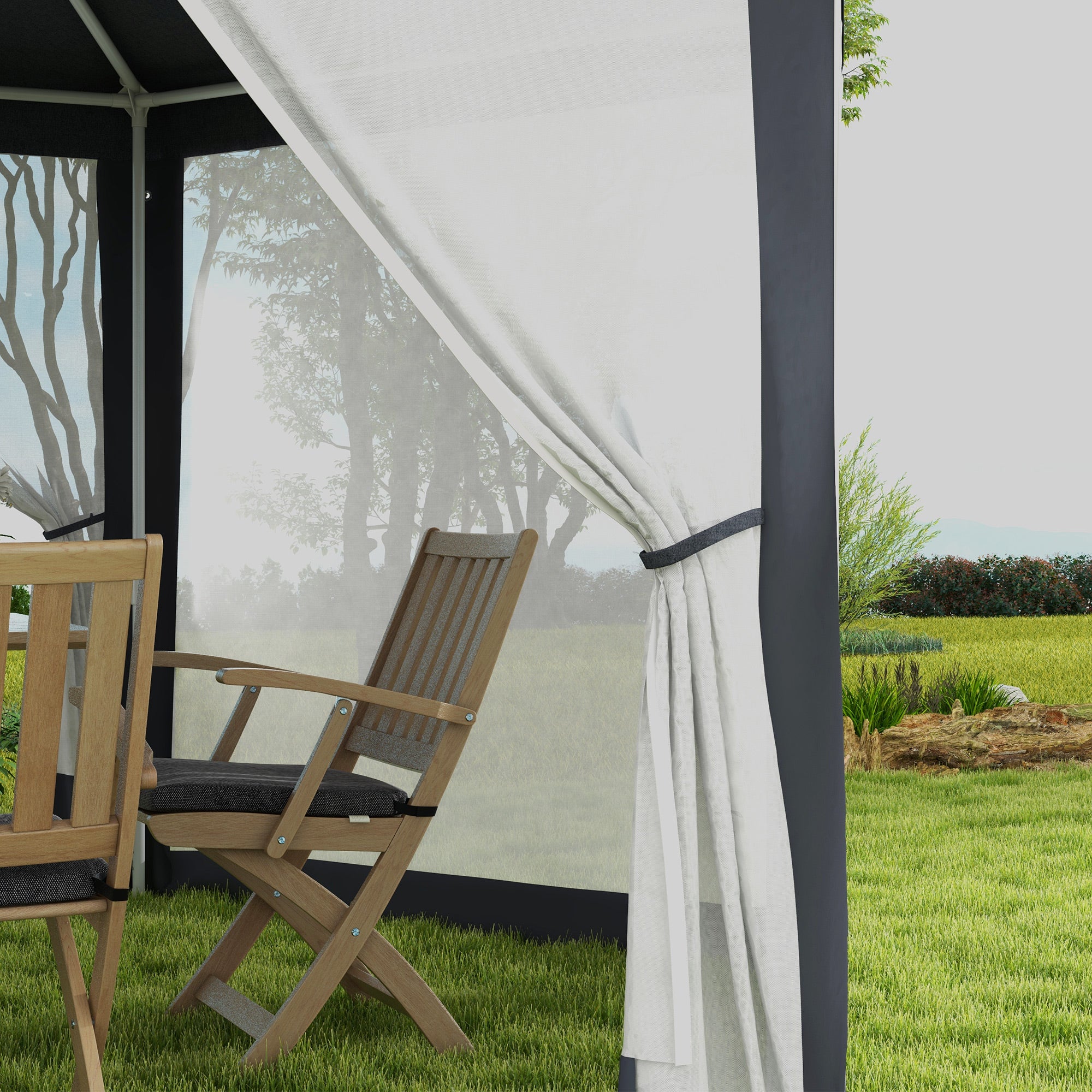 4x4m Hexagonal Garden Gazebo with Mesh Walls, 2 Doors, Adjustable Legs, Metal and Polyester Gazebo with Stakes and Ropes, Grey