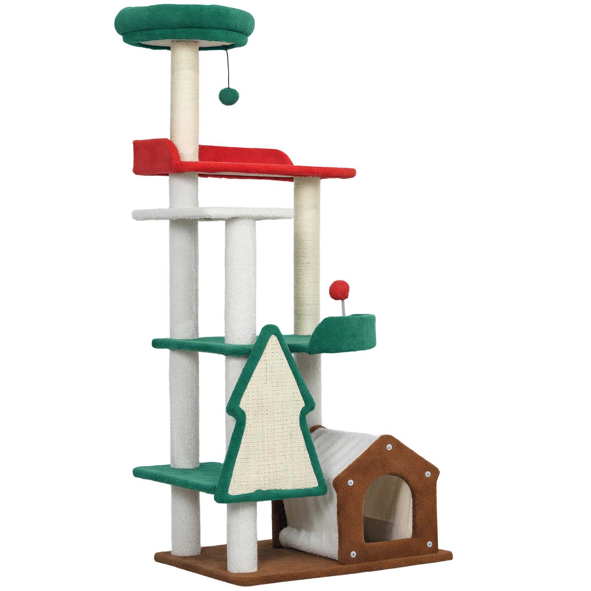 Christmas Colors Cat Tree, 135 cm Cat Tree with 6 Levels, Cat Scratching Tree with Cat Cave, Play Ball, Sisal Scratching Posts, for 1-2 Cats up to 5 kg, Multicolor