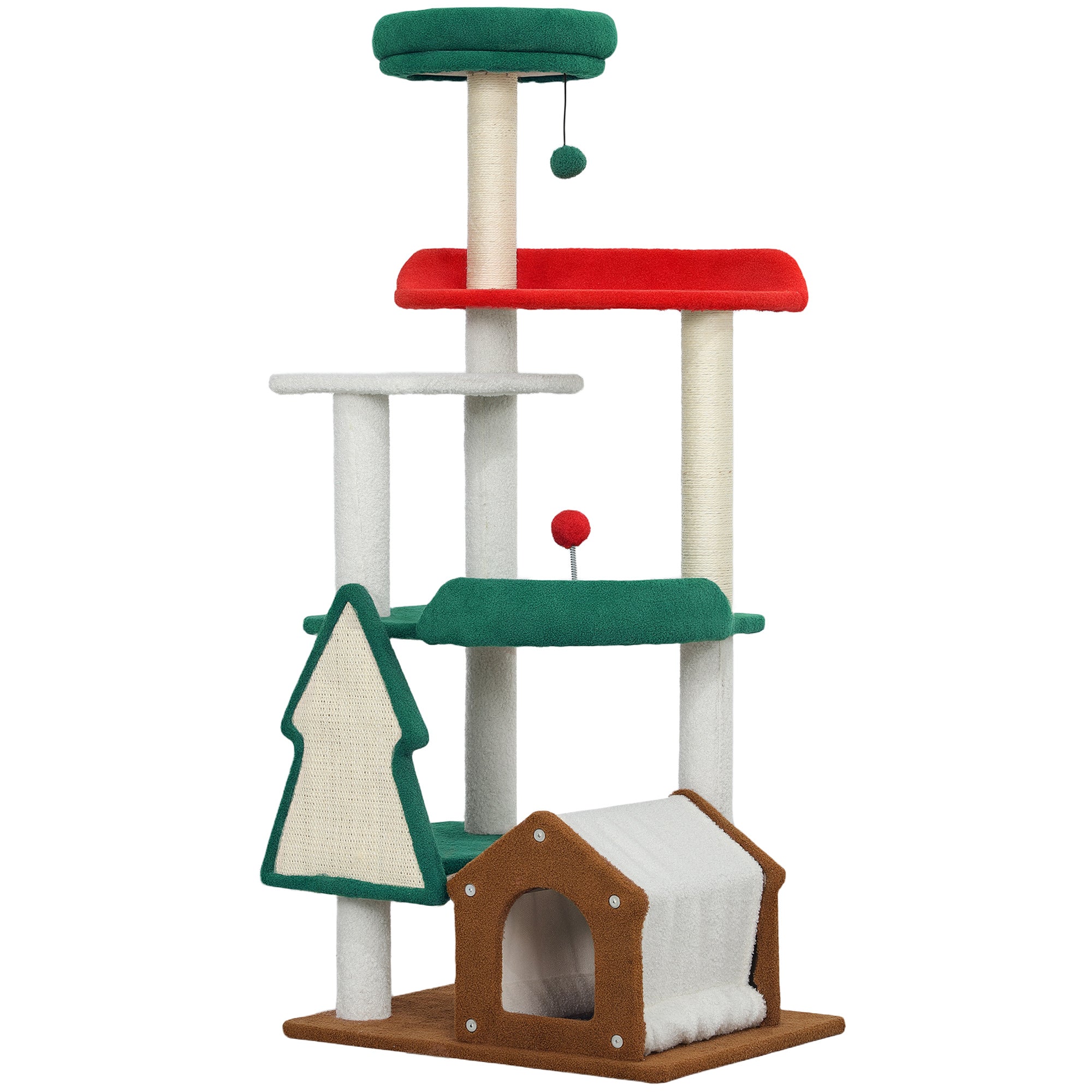 Christmas Colors Cat Tree, 135 cm Cat Tree with 6 Levels, Cat Scratching Tree with Cat Cave, Play Ball, Sisal Scratching Posts, for 1-2 Cats up to 5 kg, Multicolor